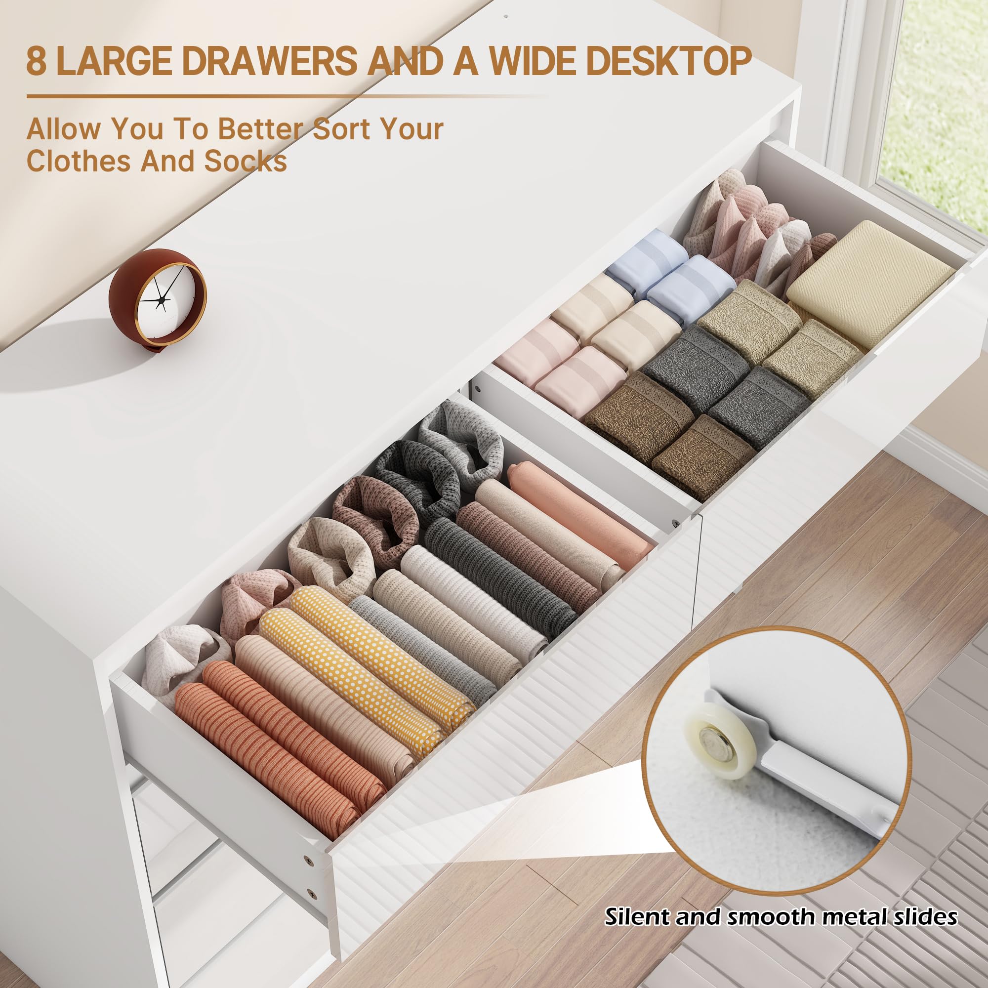 ChVans 8 Drawer Black Dresser for Bedroom, Modern High Gloss 8 Drawers Double Dressers, Wood Chest of Drawer Handle Free,Long Dresser for Bedroom,Living Room,Entryway,Hallway