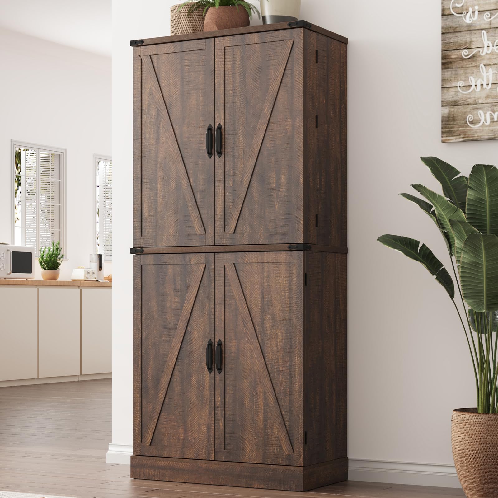 ChVans 71" Tall Farmhouse Kitchen Pantry with 6 Door Shelves & 3 Pack Drawers, 7 Layers Pantry Storage Cabinet w/Load-Bearing Steel Pipe/4 Barn Doors for Kitchen, Dining Room, Living Room,Brown
