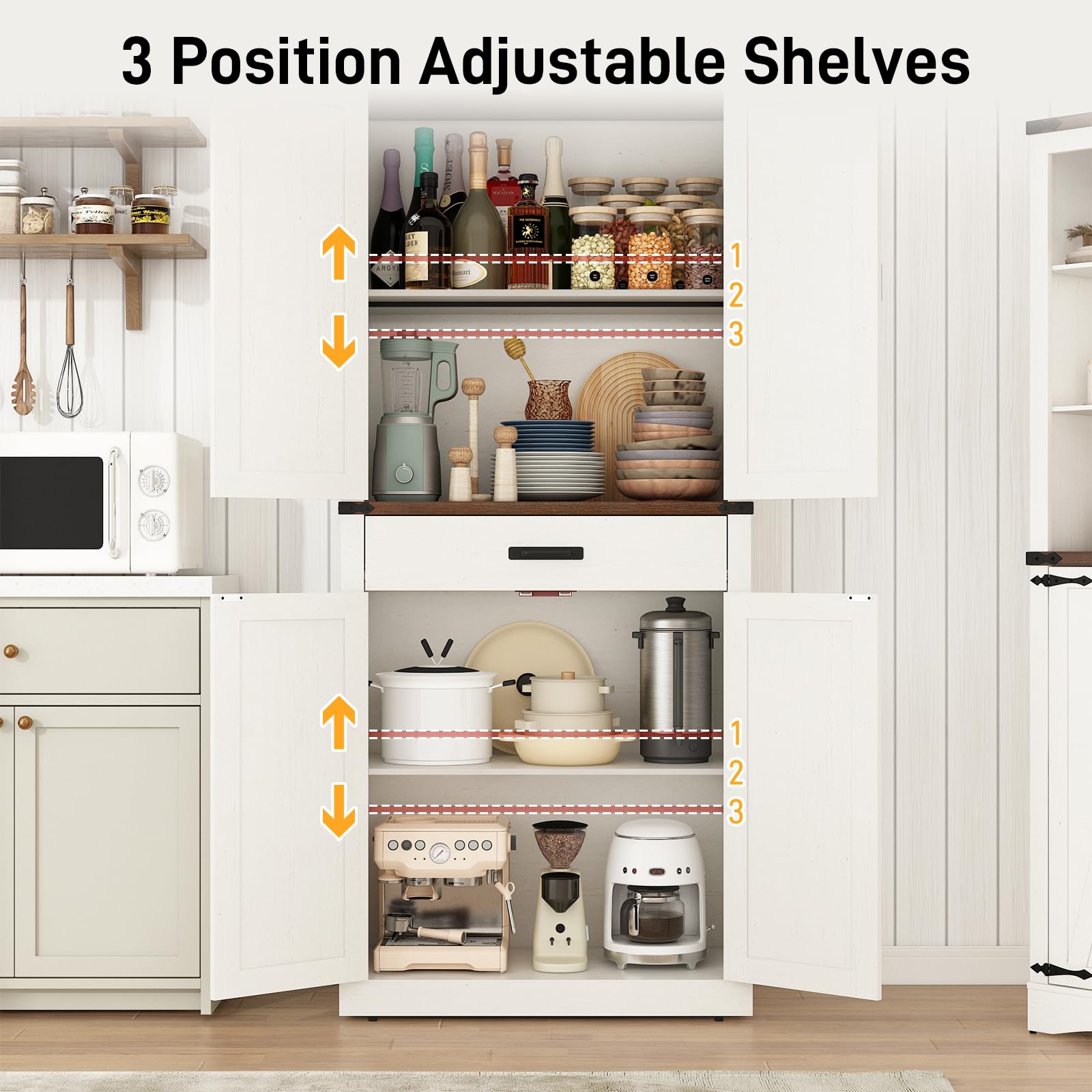 ChVans 72" Tall Farmhouse Kitchen Pantry with Drawer & Adjustable Shelves, 5 Layers Pantry Storage Cabinet w/Load-Bearing Steel Pipe & 4 Barn Doors for Kitchen, Dining Room, Living Room,Brown