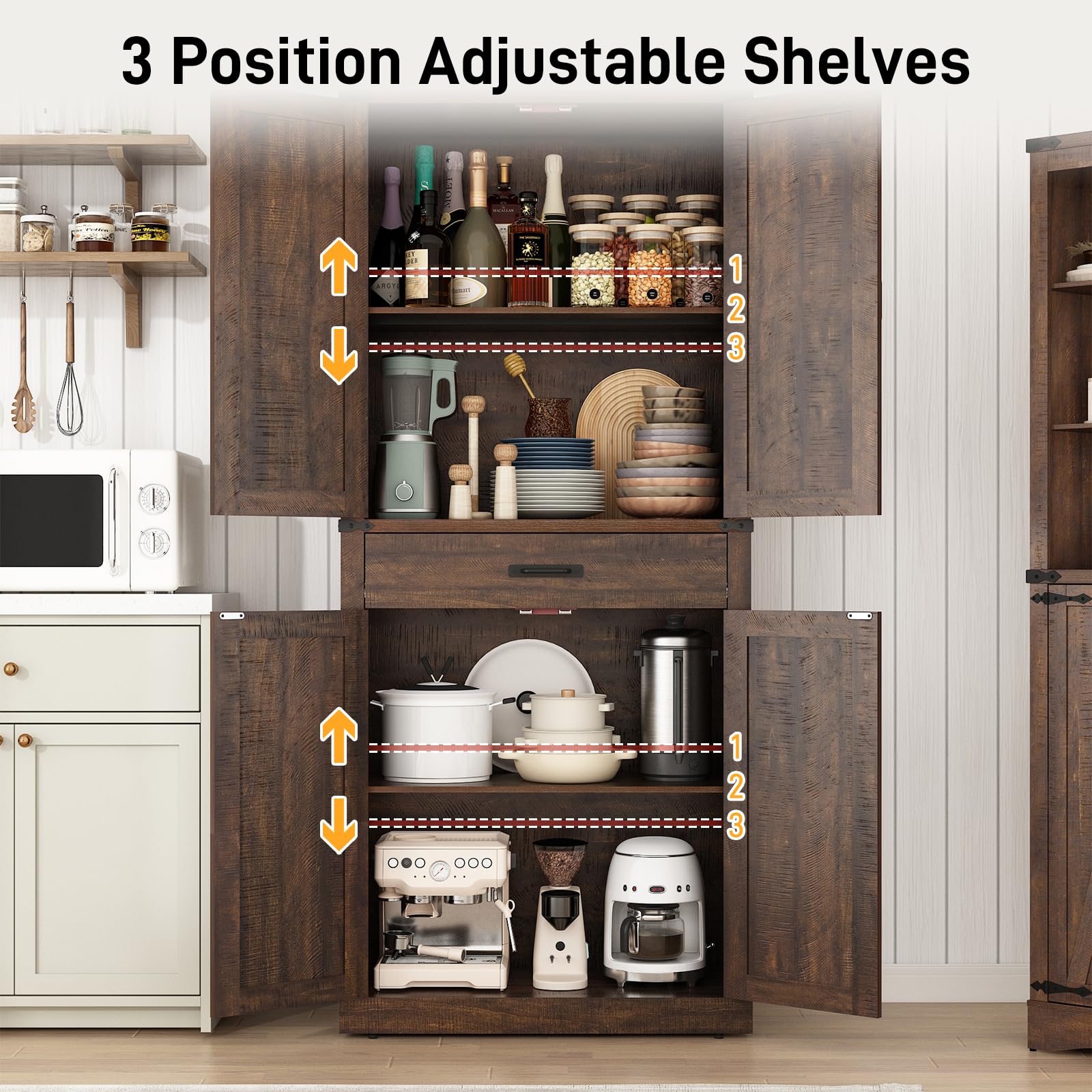 ChVans 72" Tall Farmhouse Kitchen Pantry with Drawer & Adjustable Shelves, 5 Layers Pantry Storage Cabinet w/Load-Bearing Steel Pipe & 4 Barn Doors for Kitchen, Dining Room, Living Room,Brown
