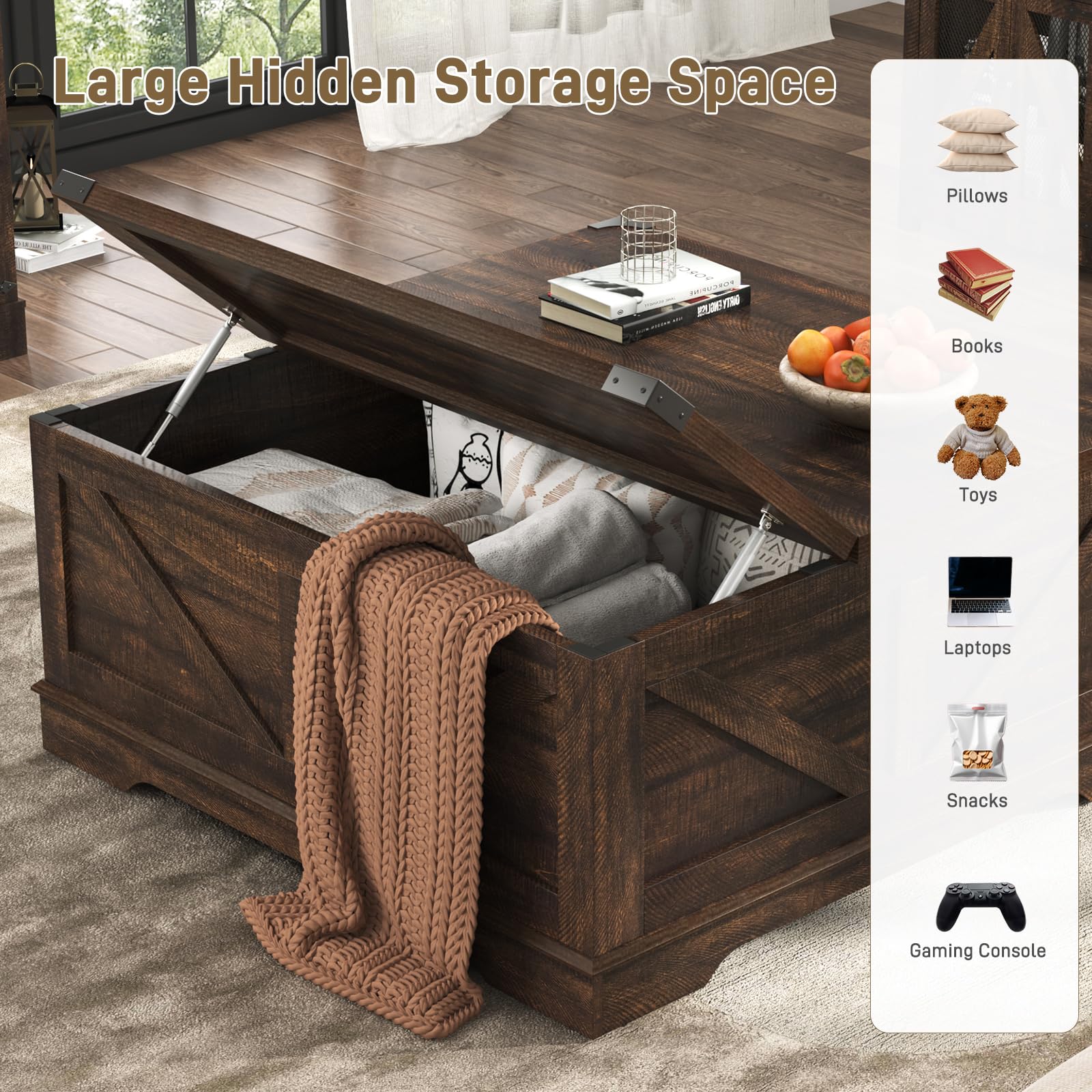 ChVans 35.6" Square Lift Top Coffee Table, Farmhouse Coffee Table with Storage & Charging Ports, Wood Center Table w/Large Hidden Space for Living Room Home Office, Brown