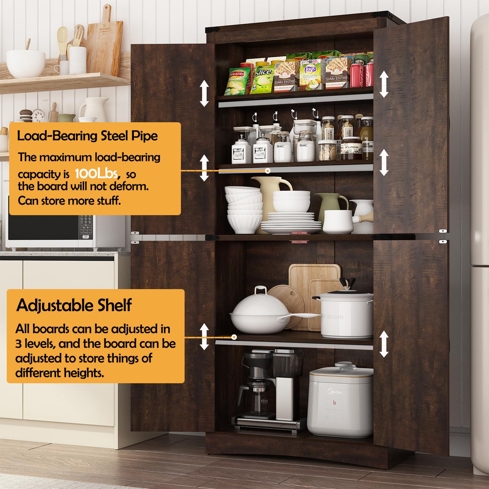 ChVans 71" Tall Farmhouse Kitchen Pantry with Adjustable Shelves,5 Layers Pantry Storage Cabinet with Load-Bearing Steel Pipe&4 Barn Doors for Kitchen,Dining Room,Living Room ,(Brown-71")