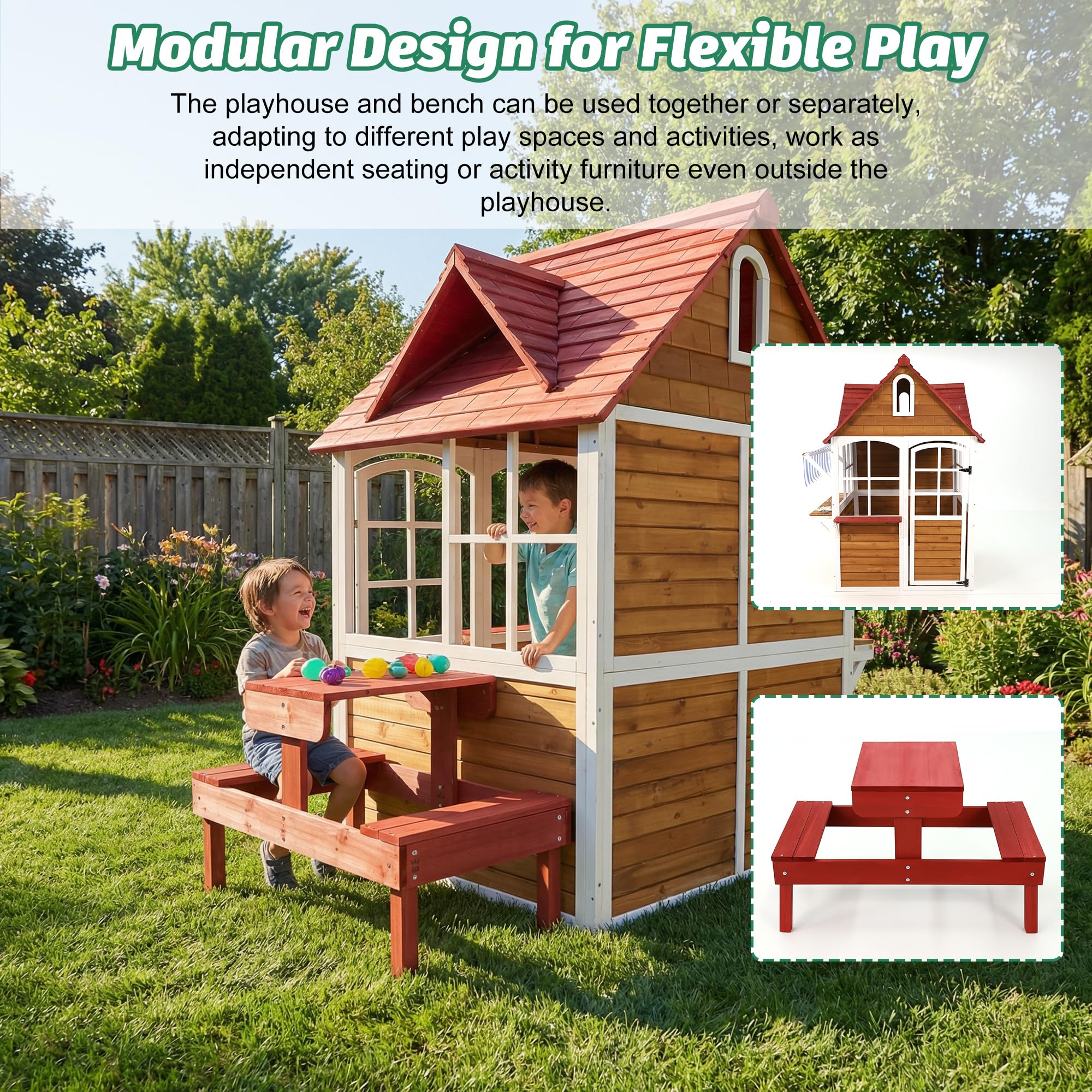 ANPOO Outdoor Wooden Kids Playhouse, Large Play House with Bench/Table/Kitchen/Flower Pot Holders/Toys, Outdoor Play Toy Gift for Ages 3+