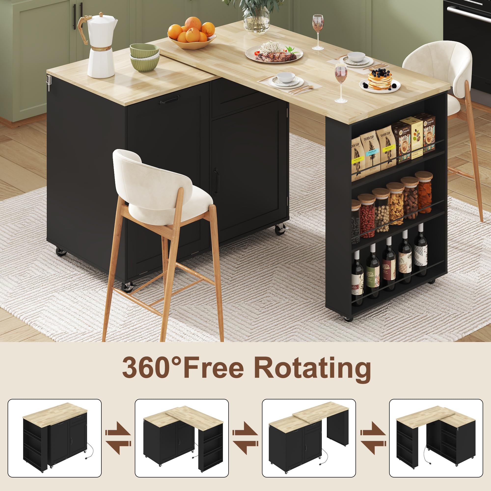 ANPOO 360° Rotating Rolling Kitchen Island Cart with Tilt-Out Trash Bin, Extendable Table, Spice Rack, Storage Cabinet & Drawer, Lockable Wheels, Modern Wooden Cart for Kitchens & Dining Rooms
