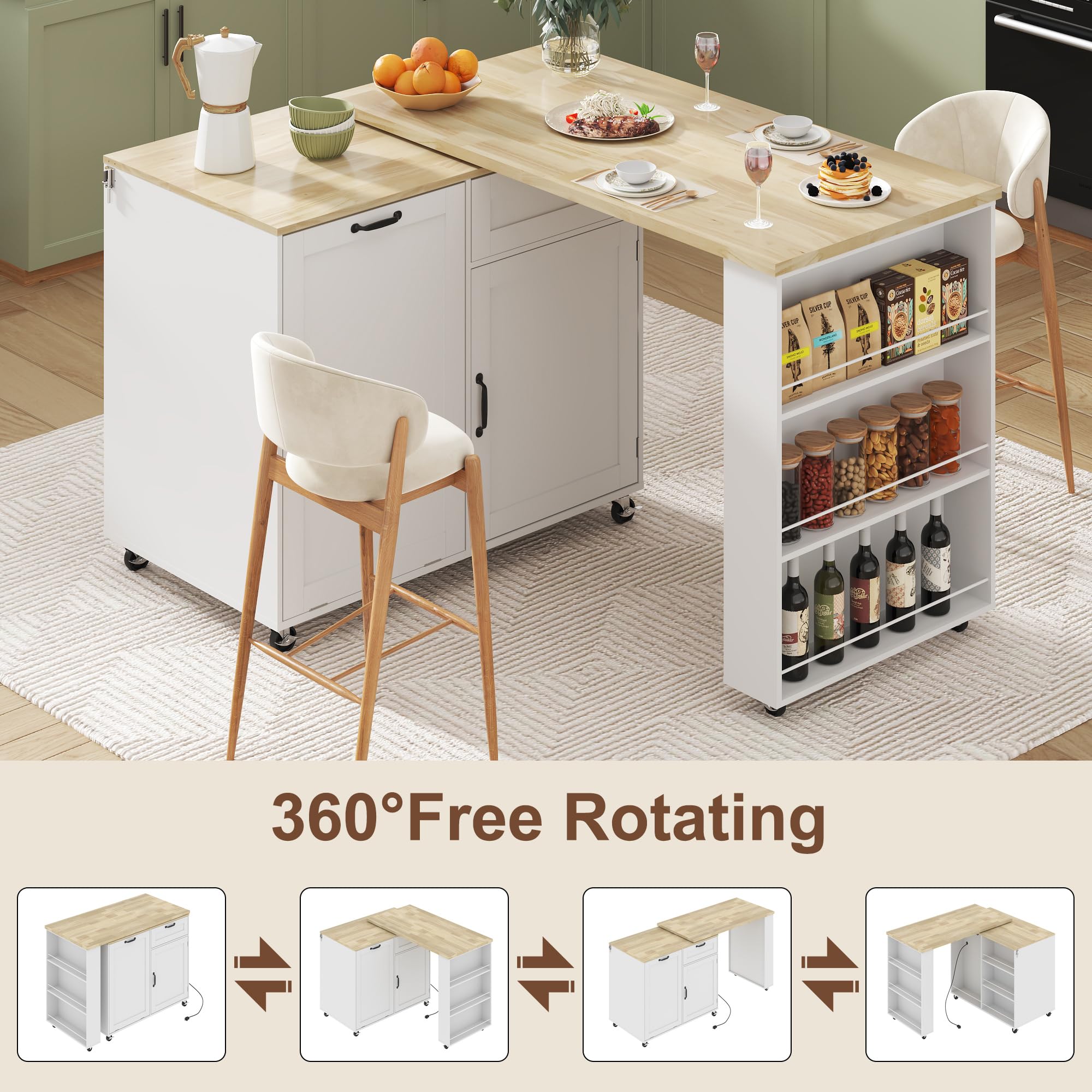 ANPOO 360° Rotating Rolling Kitchen Island Cart with Tilt-Out Trash Bin, Extendable Table, Spice Rack, Storage Cabinet & Drawer, Lockable Wheels, Modern Wooden Cart for Kitchens & Dining Rooms