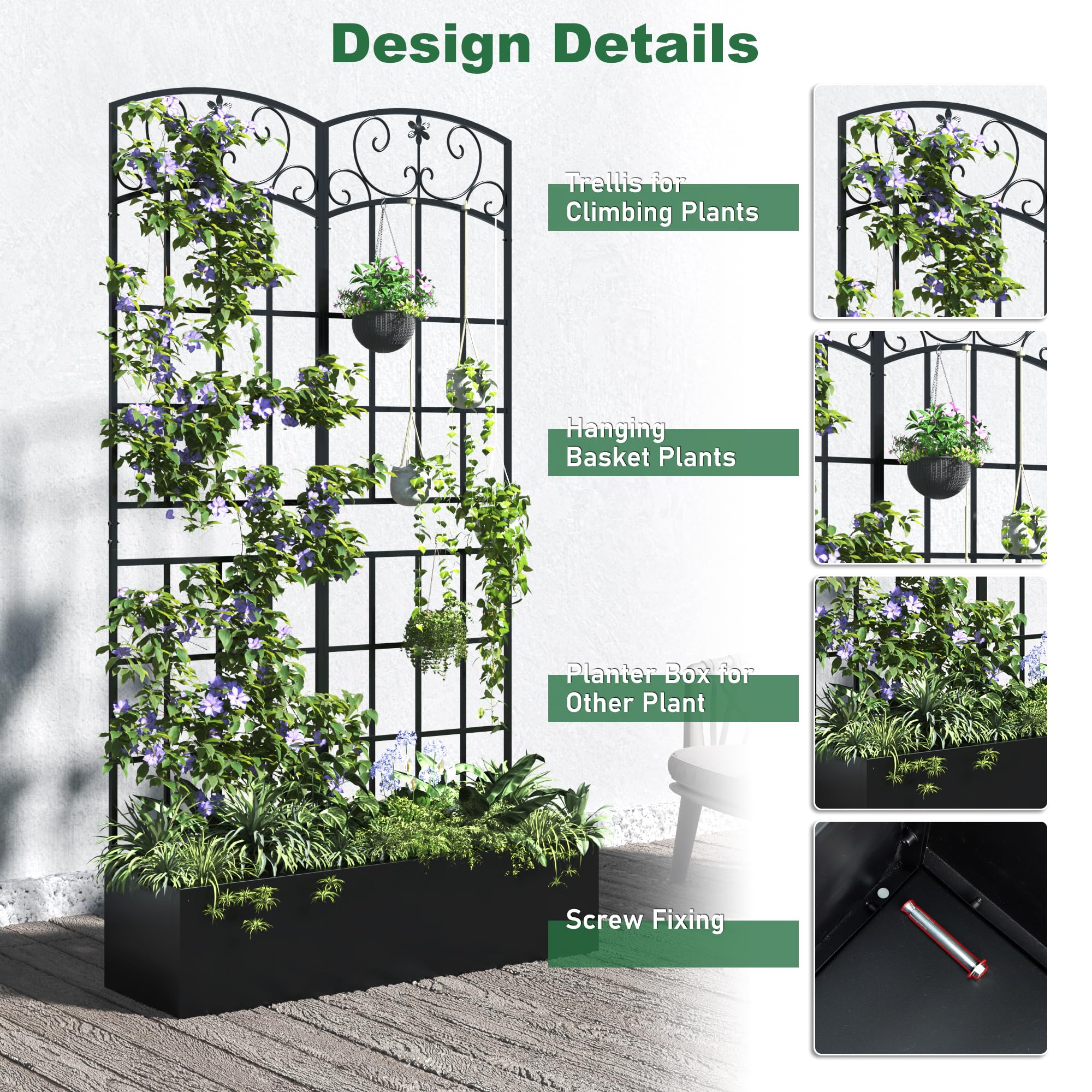 Coumy Metal Raised Garden Bed with Trellis, 70.9"x40.4"x11.8" Planter Box with Drainage Holes & Privacy Screen for Climbing Plants, Vegetables & Vines