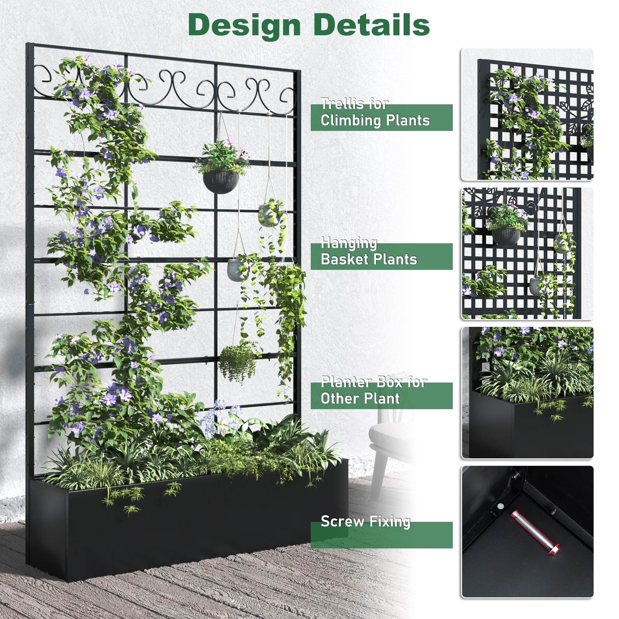 Coumy Metal Raised Garden Bed with Trellis, 70.9"x47.2"x12" Planter Box with Drainage Holes & Privacy Screen for Climbing Plants, Vegetables & Vines