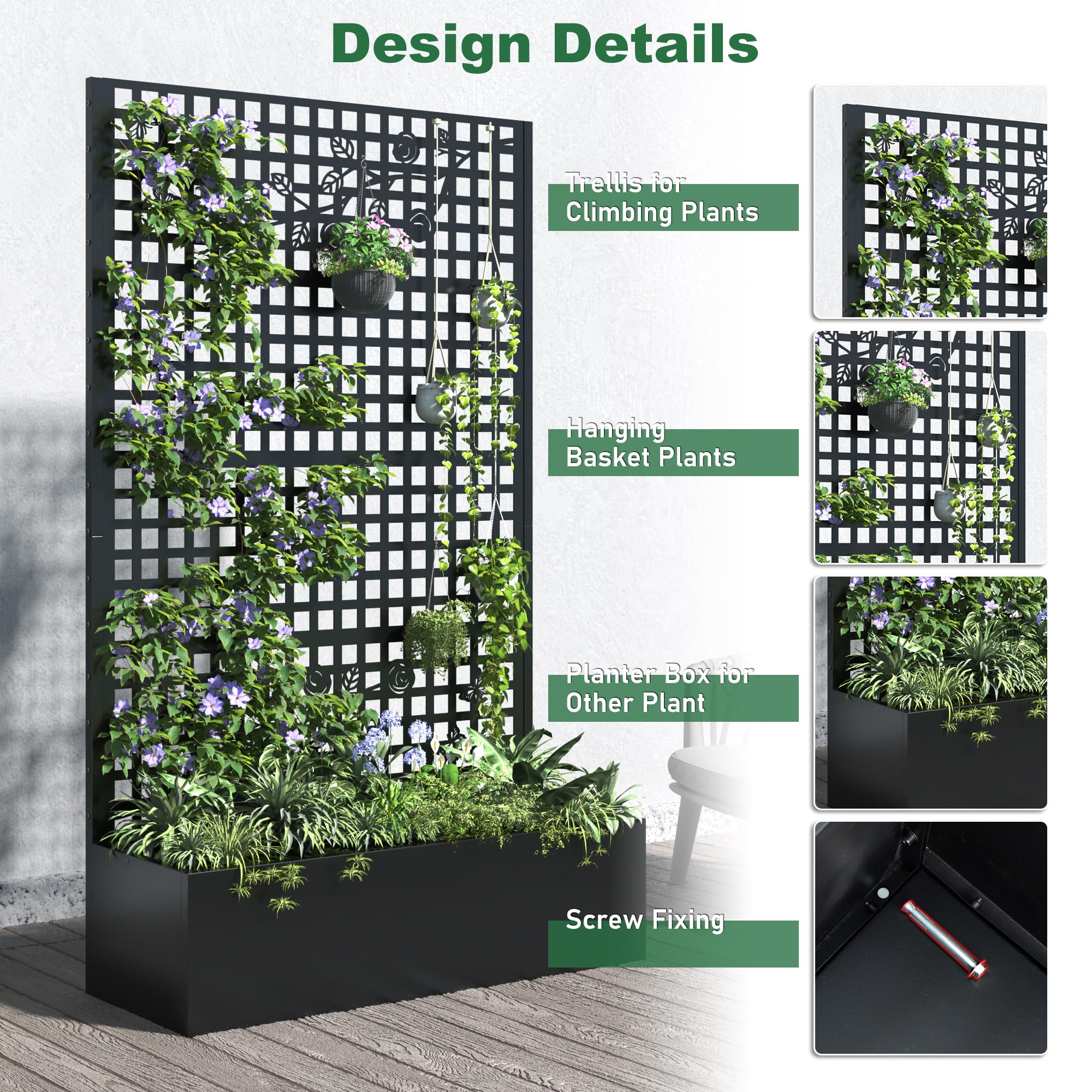 Coumy Metal Raised Garden Bed with Trellis, 70.9"x43.3"x15.8" Planter Box with Drainage Holes & Privacy Screen for Climbing Plants, Vegetables & Vines