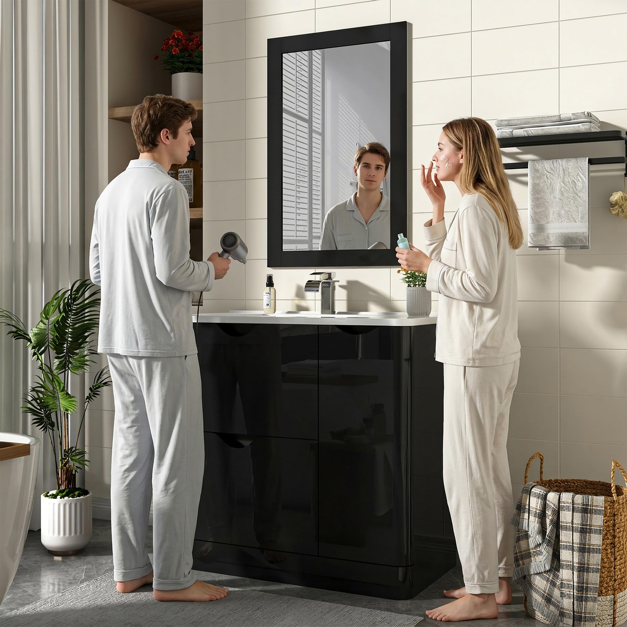 ANPOO 24 Inch High Gloss Bathroom Vanity with Sink, Mirror and Faucet, Freestanding Storage Cabinet with 2 Drawers, Modern Ceramic Sink Vanity Combo