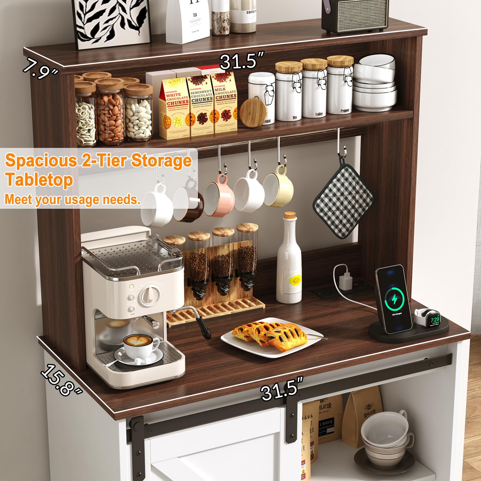 ChVans 32" Farmhouse Coffee Bar Cabinet with Storage, Aquarium Stand Fish Tank Table, Grey Accent Cabinets for Living Room, Entryway, White