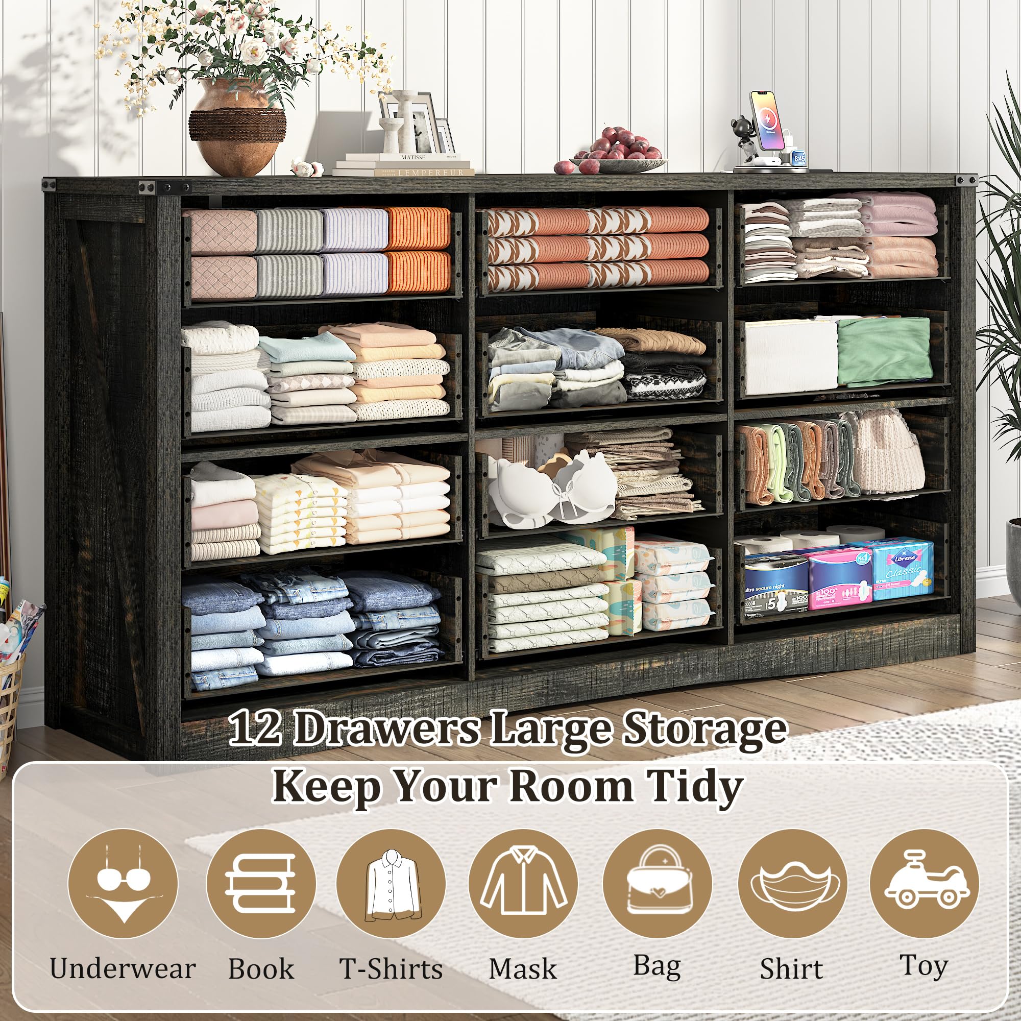 ANPOO 63 Inch Wide Rustic Farmhouse 12 Drawer Dresser, Vintage Wood Chest with Built-in Multi Power Outlet, Wood Dresser for Bedroom, Living Room, Hallway