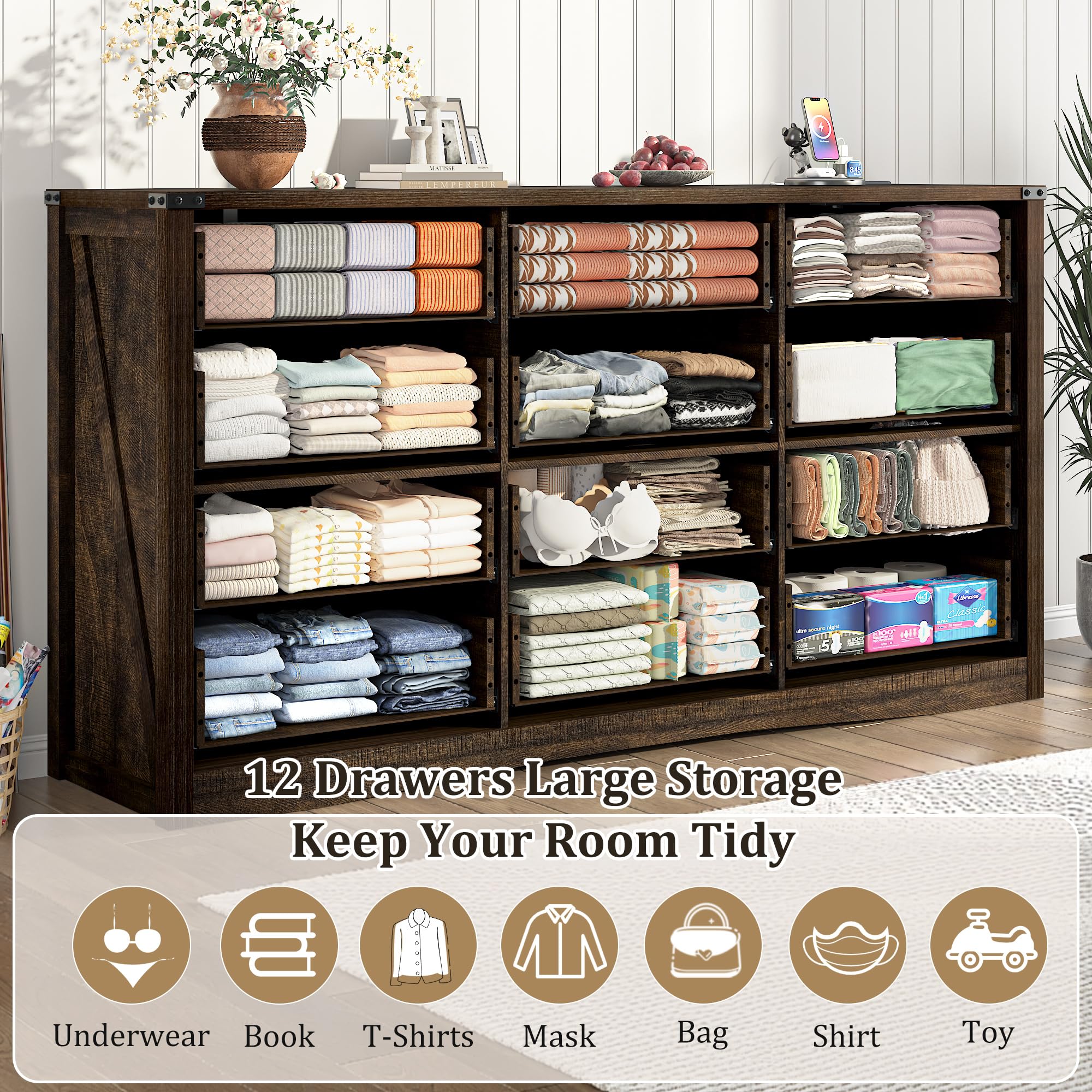 ANPOO 63 Inch Wide Rustic Farmhouse 12 Drawer Dresser, Vintage Wood Chest with Built-in Multi Power Outlet, Wood Dresser for Bedroom, Living Room, Hallway
