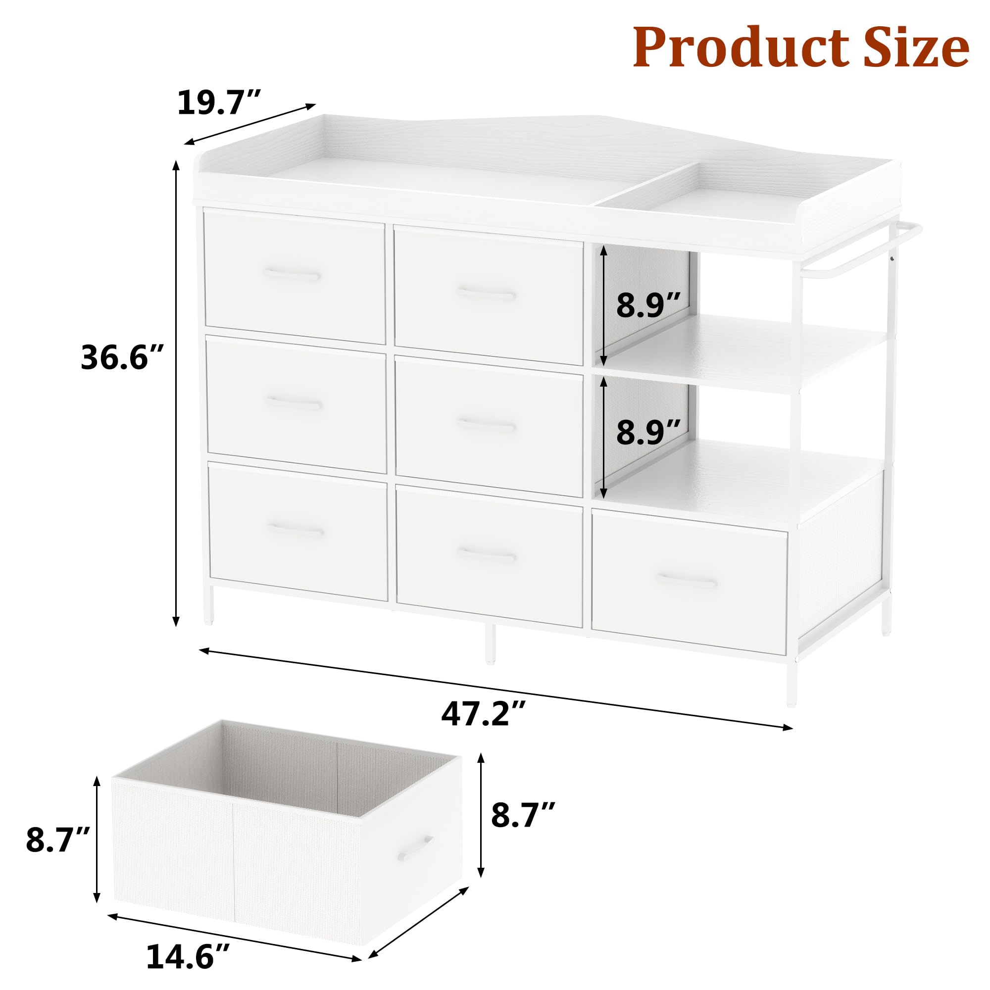 ANPOO Baby Changing Table Dresser with 7 Fabric Drawers, Changing Top & Open Shelves, Nursery Storage Organizer White