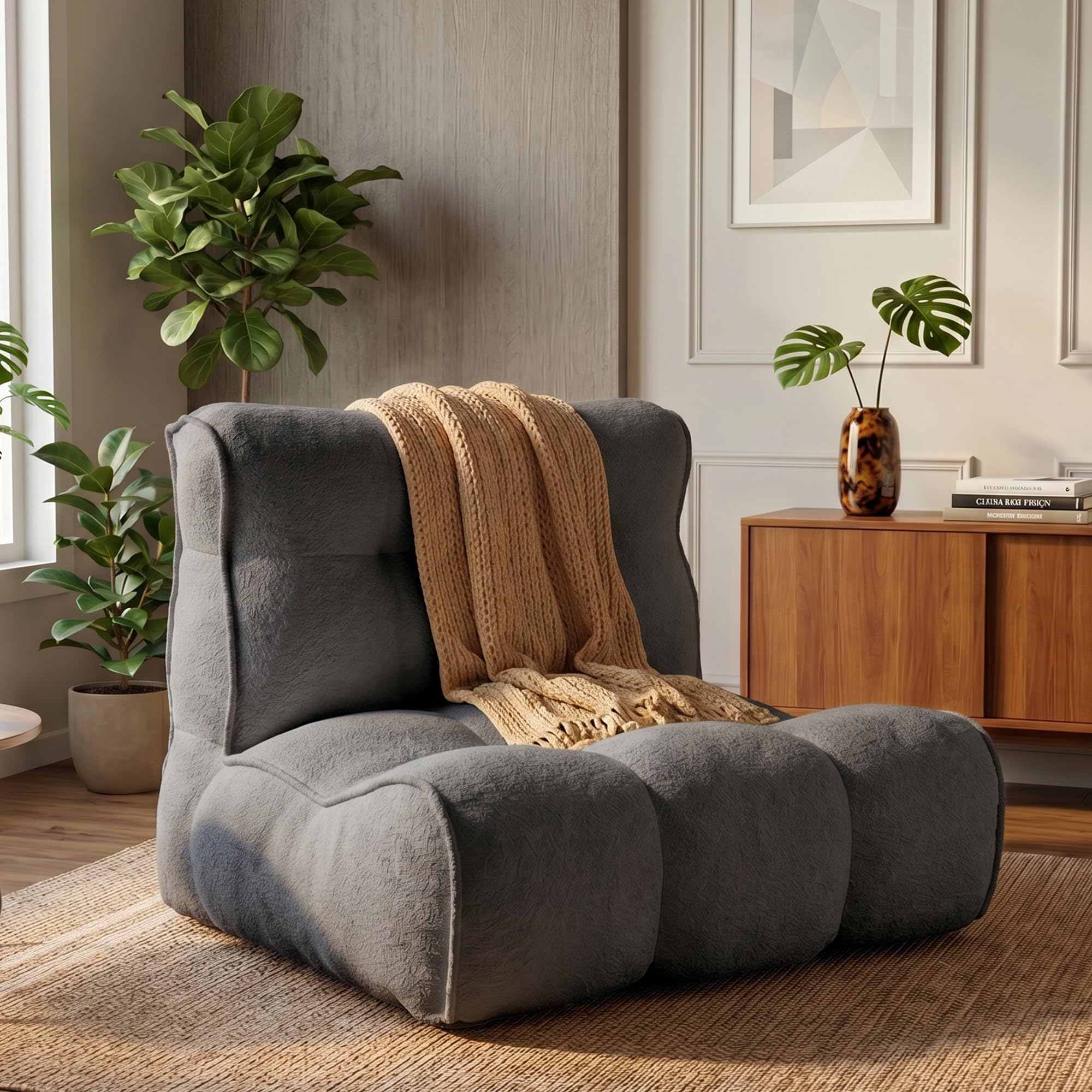 Chenille Bean Bag Floor Couch, Oversized Memory Foam Lazy Sofa, Plush Textured Floor Lounger for Bedroom, Living Room, Dorm & Game Room