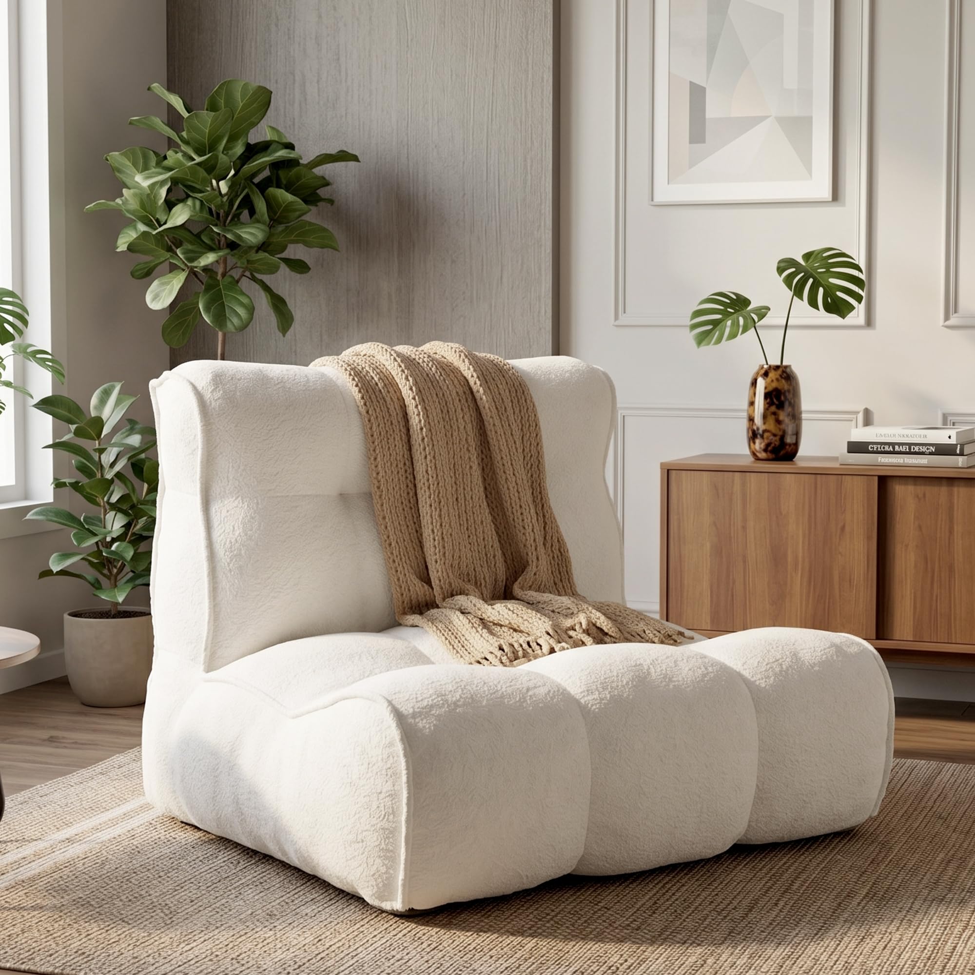 Chenille Bean Bag Floor Couch, Oversized Memory Foam Lazy Sofa, Plush Textured Floor Lounger for Bedroom, Living Room, Dorm & Game Room
