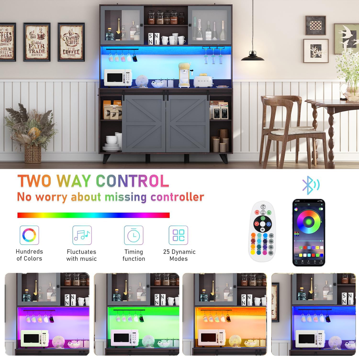 75" Tall Large Farmhouse Coffee Bar Cabinet, 63" Wide Buffet Sideboard with Barn Door, LED Lights, Outlets, 10 Wine Bottle/12 Wine Glasses Rack, 2 Drawers