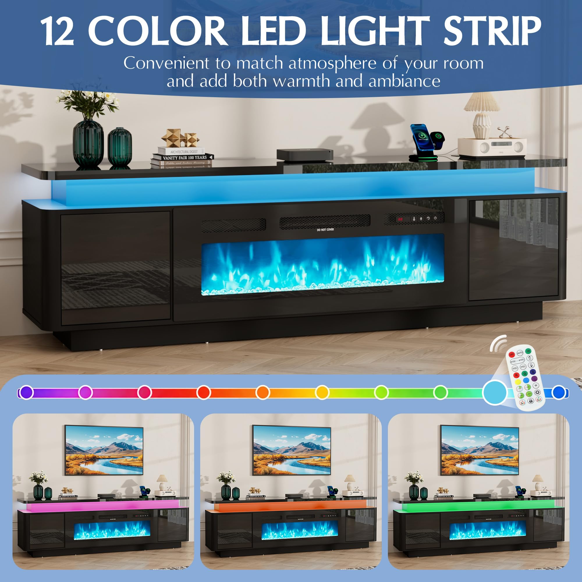 71 Inch Gloss Fireplace Media Console, 36" Electric LED Flame TV Cabinet Fits Up To 80 Inch Television