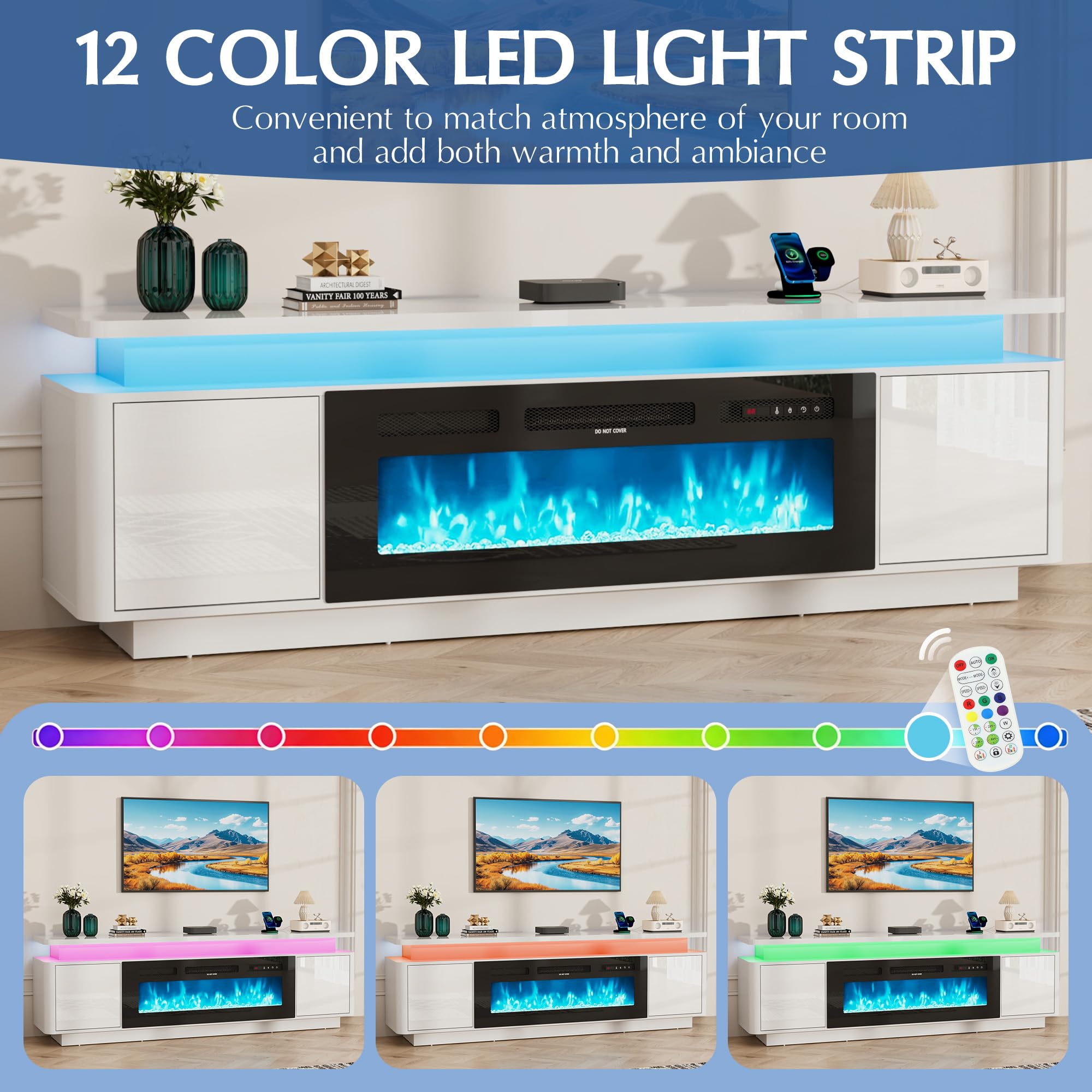 71 Inch Gloss Fireplace Media Console, 36" Electric LED Flame TV Cabinet Fits Up To 80 Inch Television