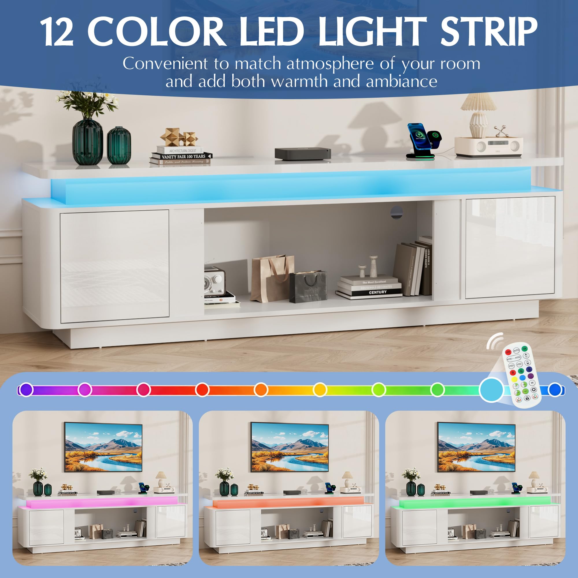  71 Inch White High Gloss Media Console, TV Cabinet With Power Strip, LED Lights & Storage For Up To 80 Inch Television