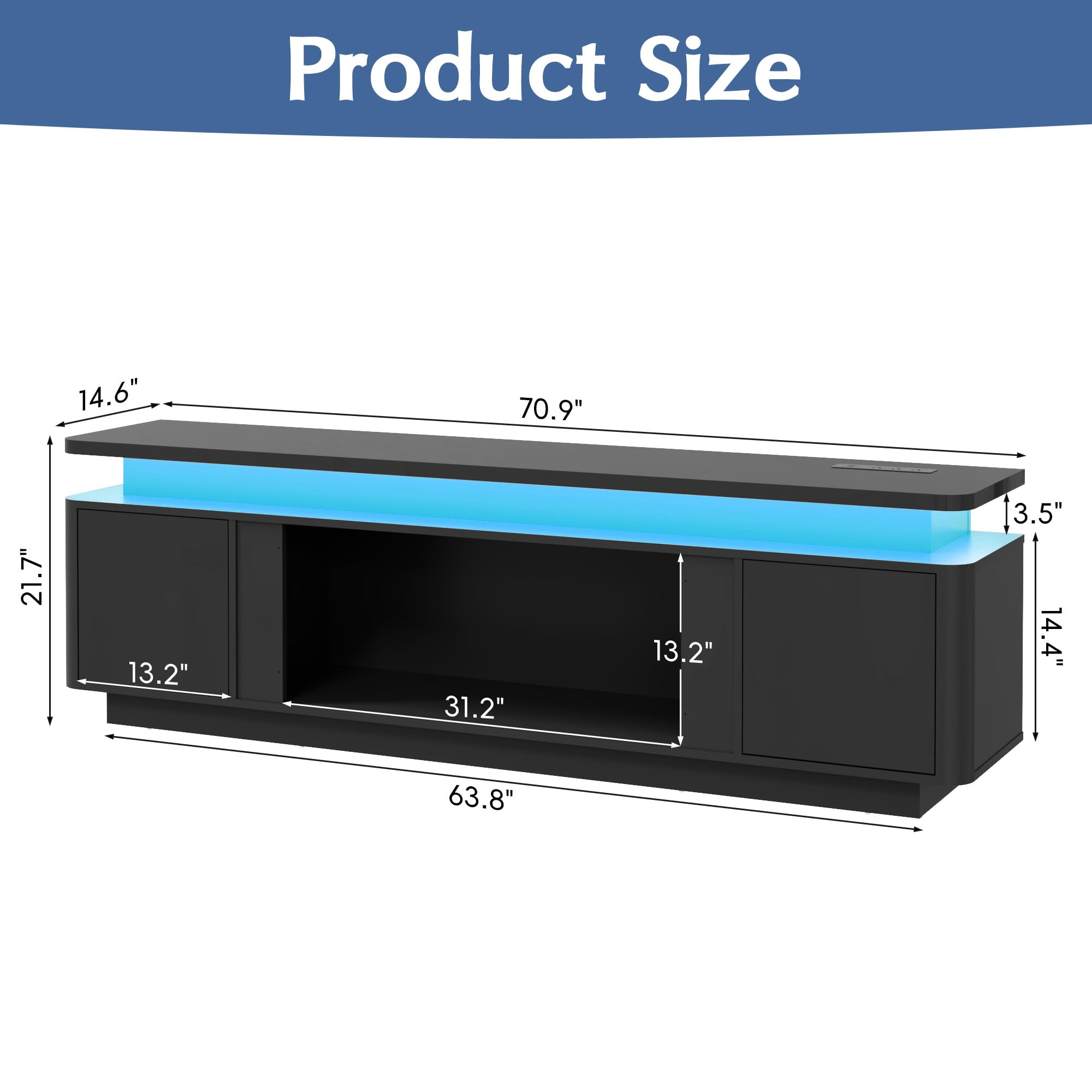  71 Inch White High Gloss Media Console, TV Cabinet With Power Strip, LED Lights & Storage For Up To 80 Inch Television