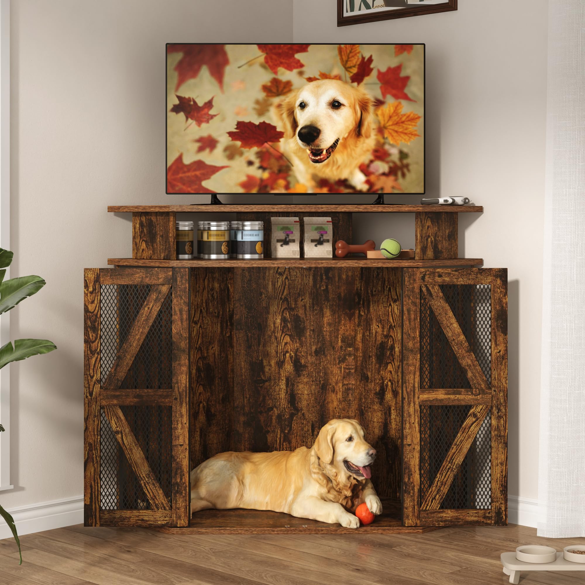 ChVans 48" Furniture-Style Corner Dog Crate, Large Wooden Dog House for Medium/Large Dogs