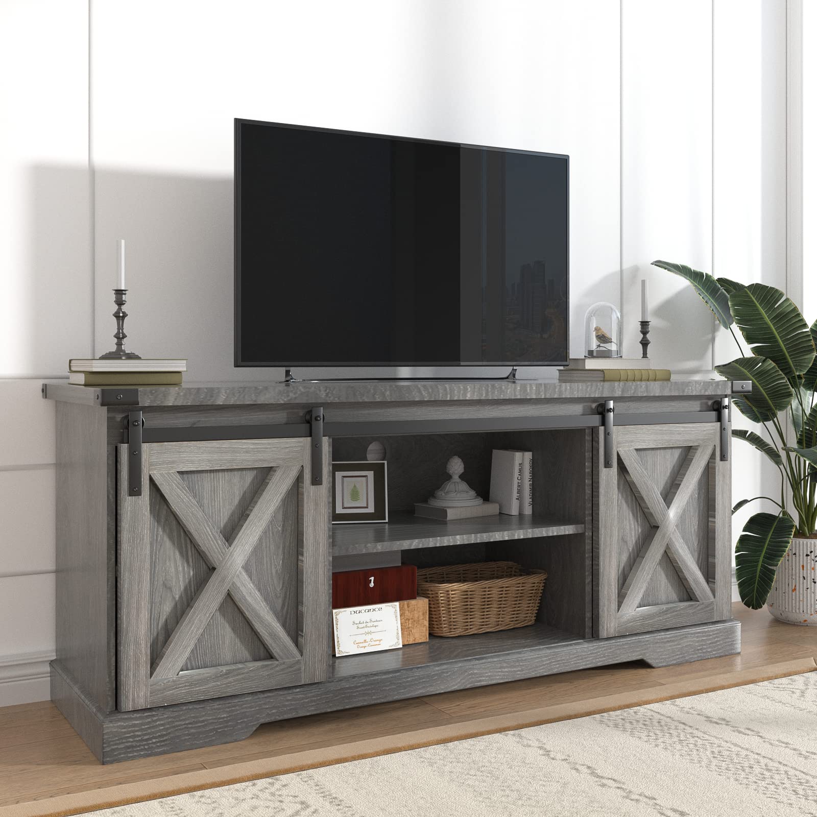 Chvans Farmhouse TV Stand for TVs up to 65 inch & 23" Electric Fireplace, Barn Door Entertainment Center Console Table with Adjustable Shevles