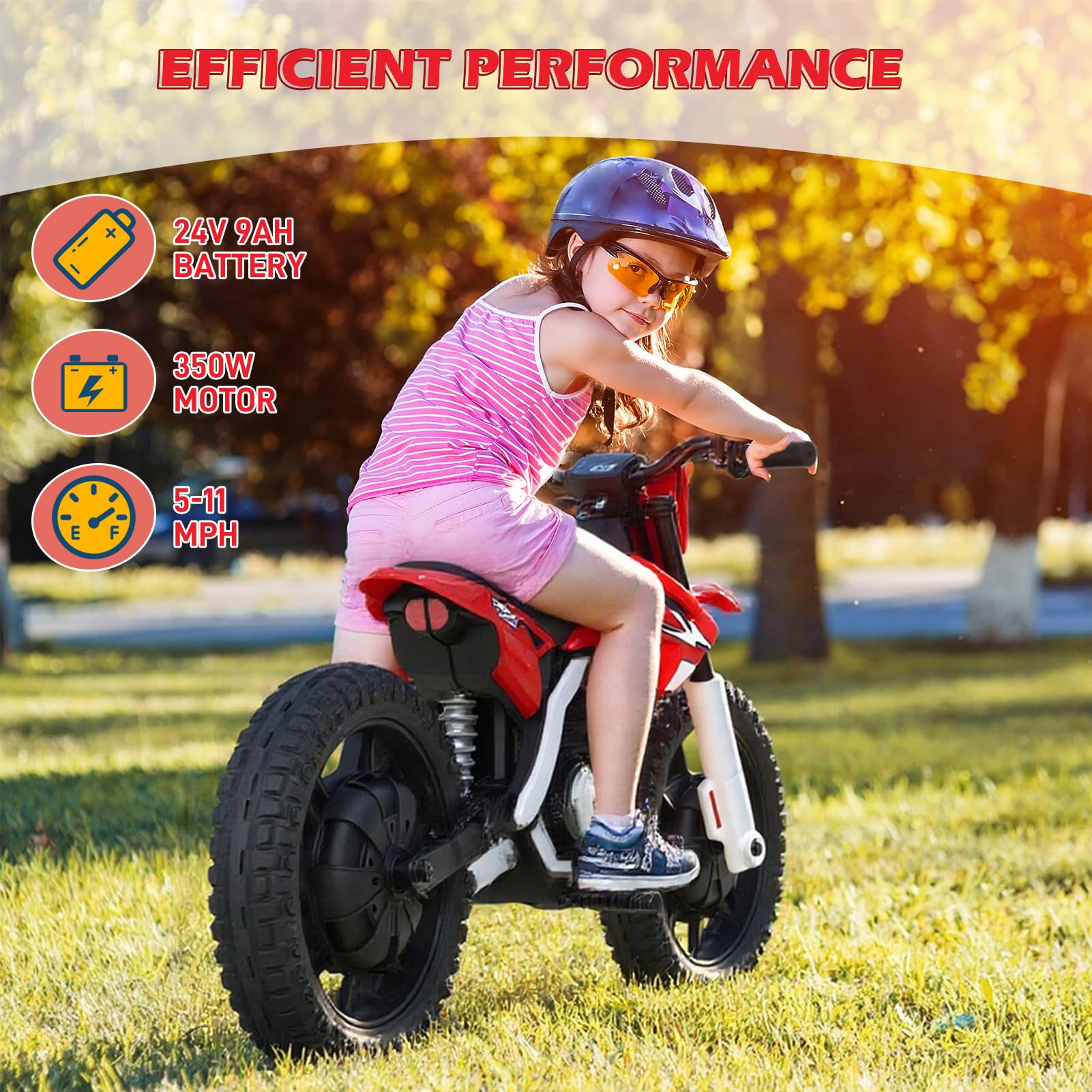 ChVans Kids Ride on Motorcycle for Kids 3-10, 24V Battery Powered Bike Electric Motorbike with Treaded Tires and USB/Music Player, Electric Dirt Bike, Up to 11MPH,2-Speed Modes, Blue