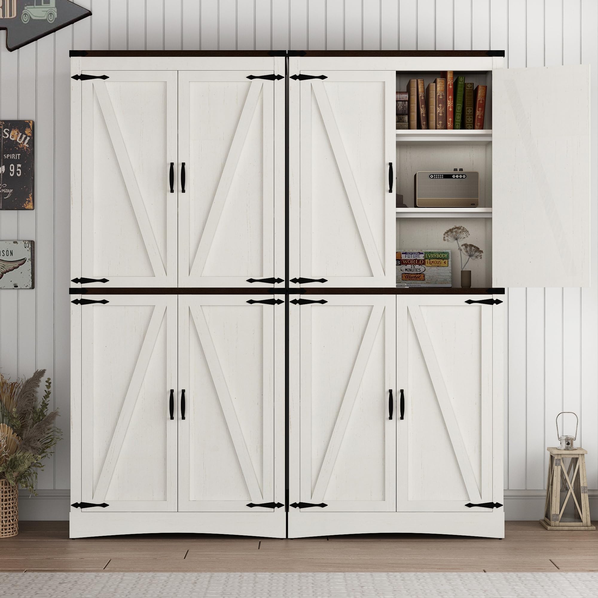 ChVans 71" Tall Farmhouse Kitchen Pantry with Adjustable Shelves,5 Layers Pantry Storage Cabinet with Load-Bearing Steel Pipe&4 Barn Doors for Kitchen,Dining Room,Living Room ,(Brown-71")