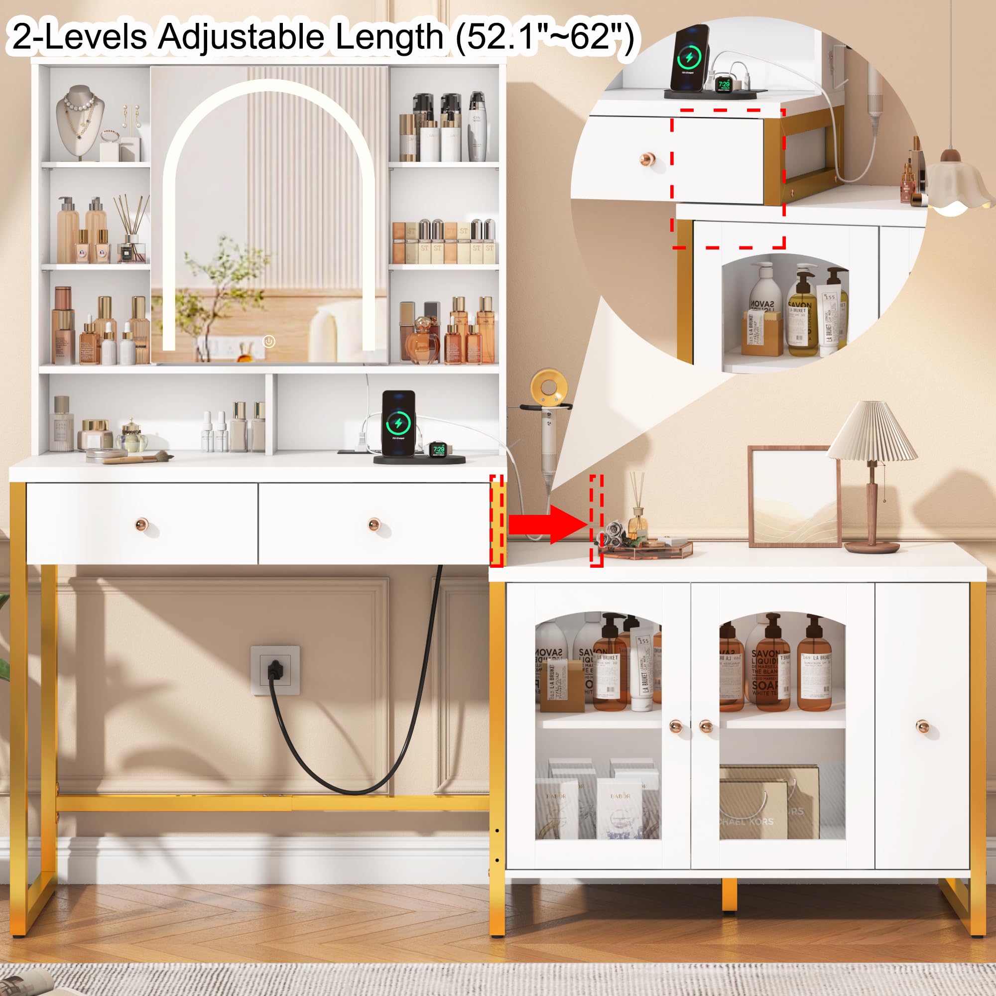 ChVans Corner Vanity Desk with Sliding Mirror and Lights, White and Gold Desk Vanity Tables with Storage Cabinet, Dressing Table for Girls, Women, White