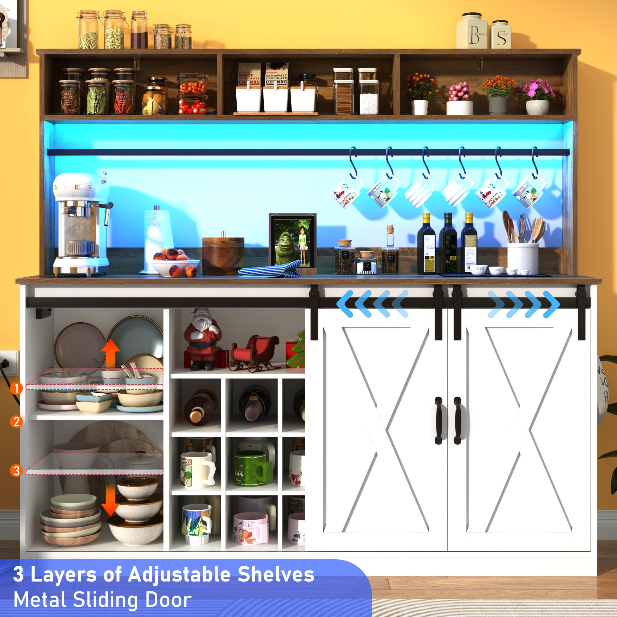 Chvans Farmhouse Coffee Bar Cabinet, 58" Tall Bar Cabinet with LED Lights & Power Outlet, Sideboard Buffet Cabinet with Storage Barn Door, Adjustable Shelf, 9 Wine Racks, 6 Hooks