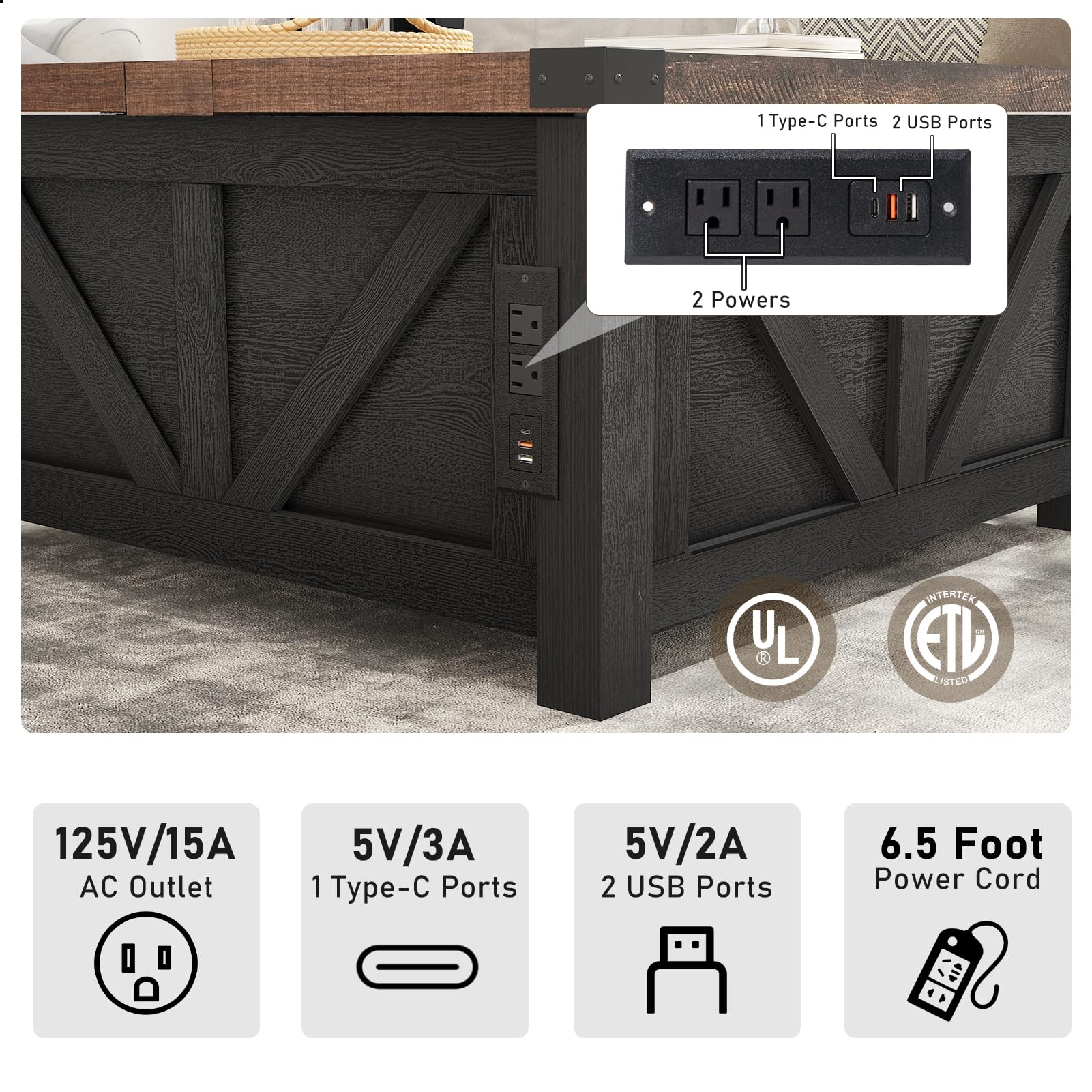 ChVans 35.6" Square Lift Top Coffee Table, Farmhouse Coffee Table with Storage & Charging Ports, Wood Center Table w/Large Hidden Space for Living Room Home Office, Brown