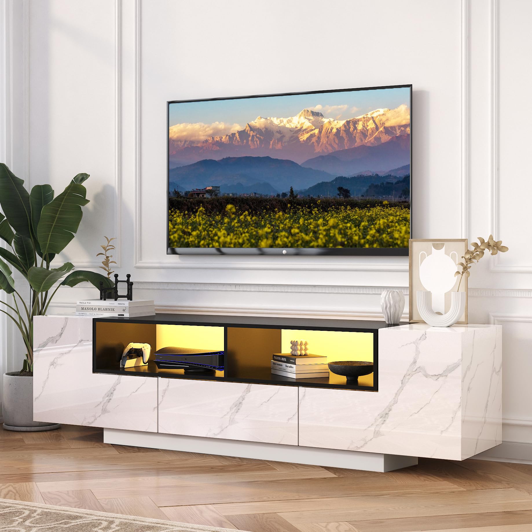 ANPOO 70" LED TV Stand for TVs up to 80" with Cabinet, 2 Open Shelves, Modern Entertainment Center Television Media Console for PS5 (White Marble)