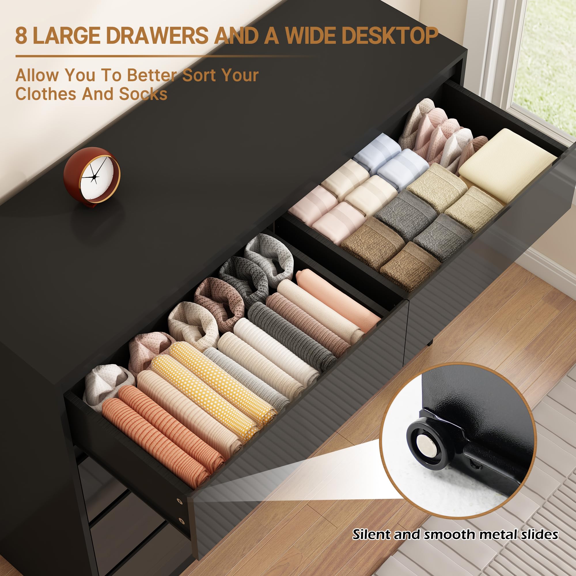 ChVans 8 Drawer Black Dresser for Bedroom, Modern High Gloss 8 Drawers Double Dressers, Wood Chest of Drawer Handle Free,Long Dresser for Bedroom,Living Room,Entryway,Hallway