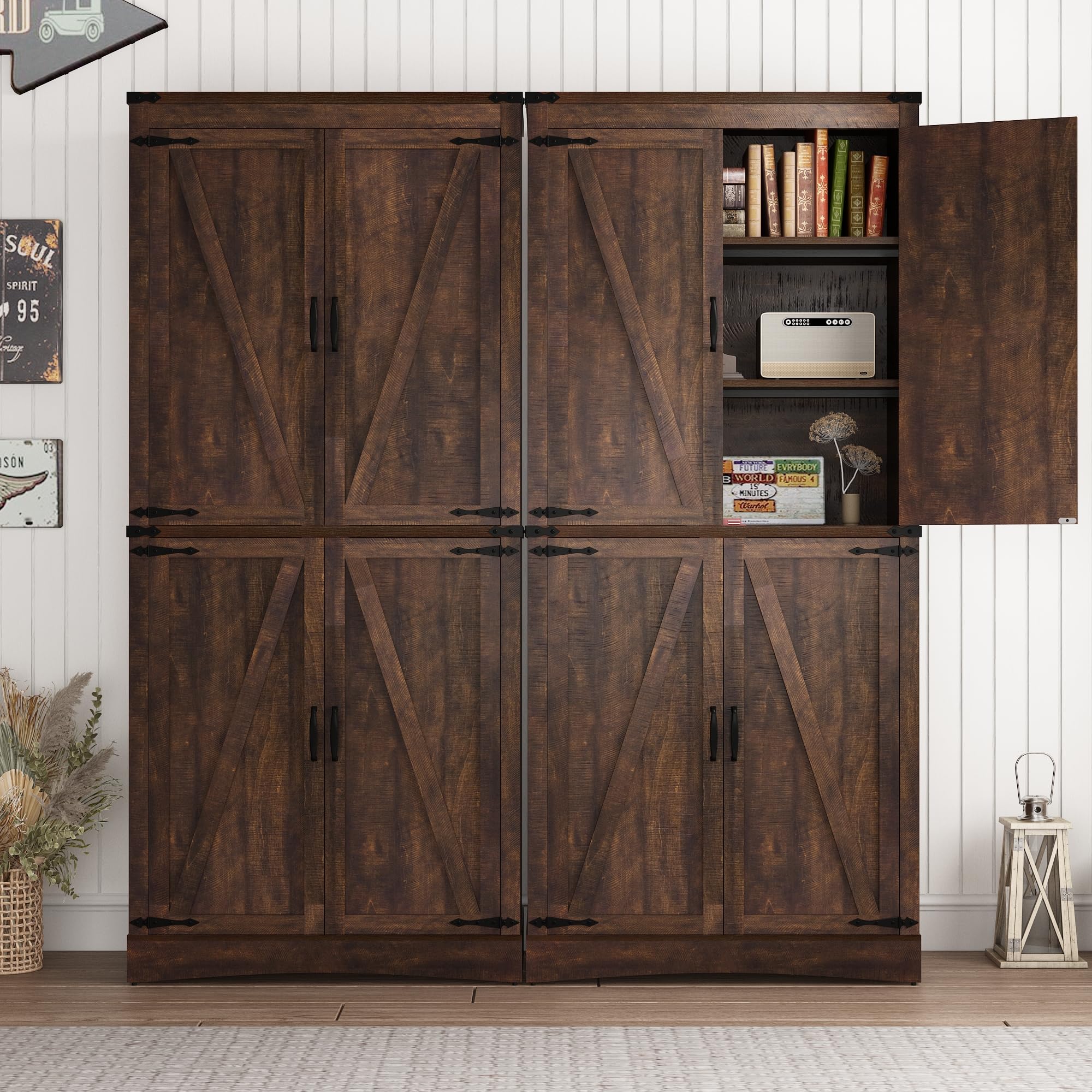 ChVans 71" Tall Farmhouse Kitchen Pantry with Adjustable Shelves,5 Layers Pantry Storage Cabinet with Load-Bearing Steel Pipe&4 Barn Doors for Kitchen,Dining Room,Living Room ,(Brown-71")