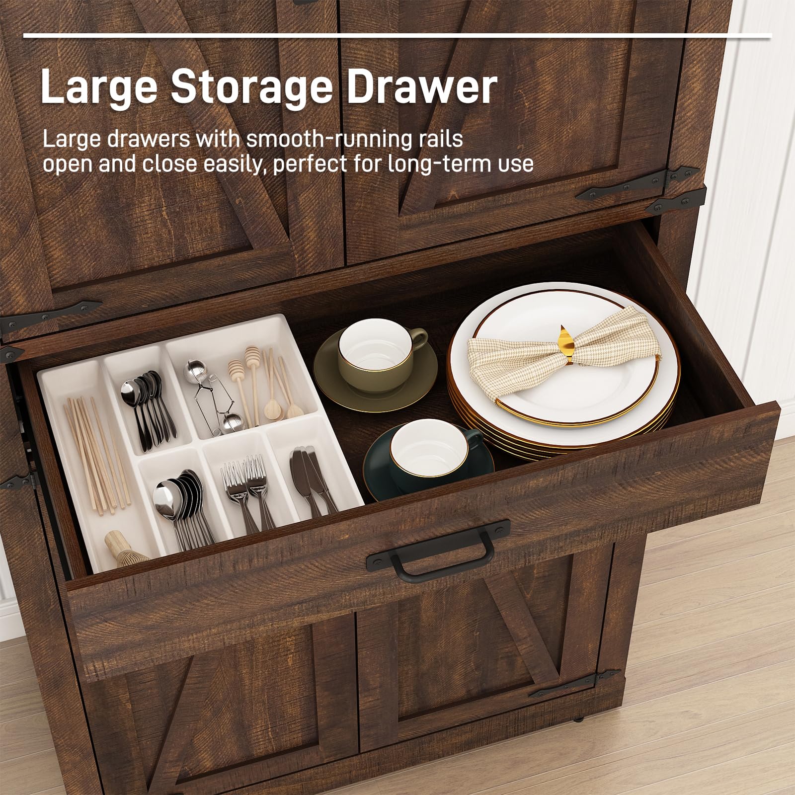 ChVans 72" Tall Farmhouse Kitchen Pantry with Drawer & Adjustable Shelves, 5 Layers Pantry Storage Cabinet w/Load-Bearing Steel Pipe & 4 Barn Doors for Kitchen, Dining Room, Living Room,Brown