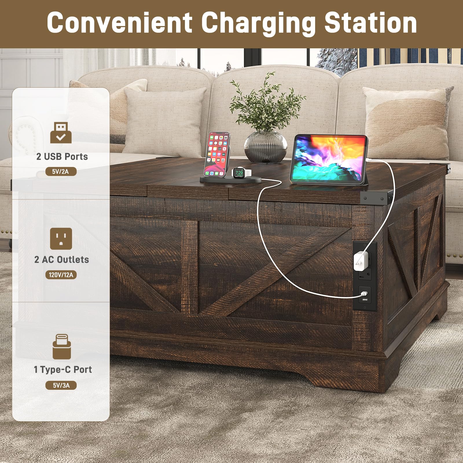 ChVans 35.6" Square Lift Top Coffee Table, Farmhouse Coffee Table with Storage & Charging Ports, Wood Center Table w/Large Hidden Space for Living Room Home Office, Brown