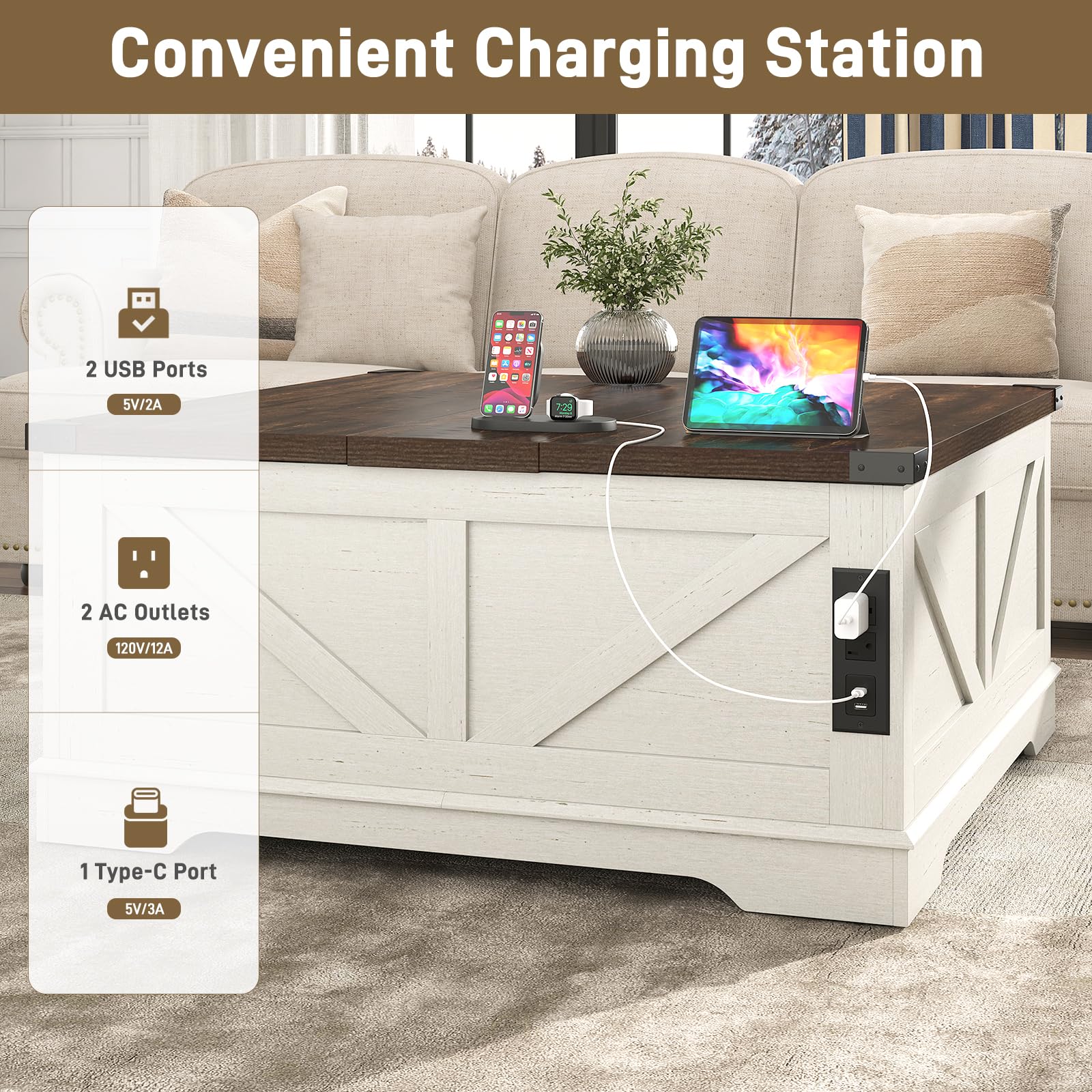 ChVans 35.6" Square Lift Top Coffee Table, Farmhouse Coffee Table with Storage & Charging Ports, Wood Center Table w/Large Hidden Space for Living Room Home Office, Brown