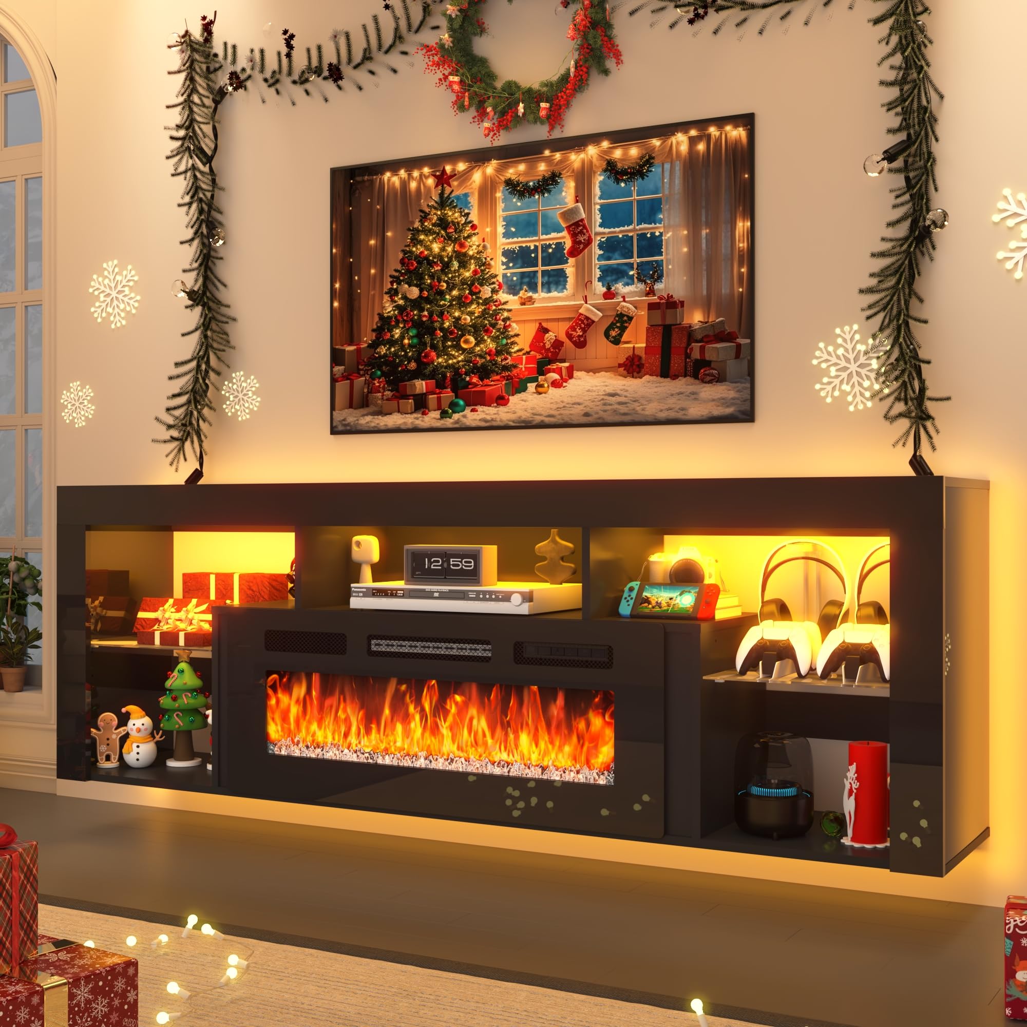 71'' Floating Fireplace TV Stand for 75/80''TV with 40'' Fireplace, LED Modern White High Gloss Entertainment Center w/lights, Power Outlet, Adjustable Shelf, 2-Tier TV Console Cabinet with Storage