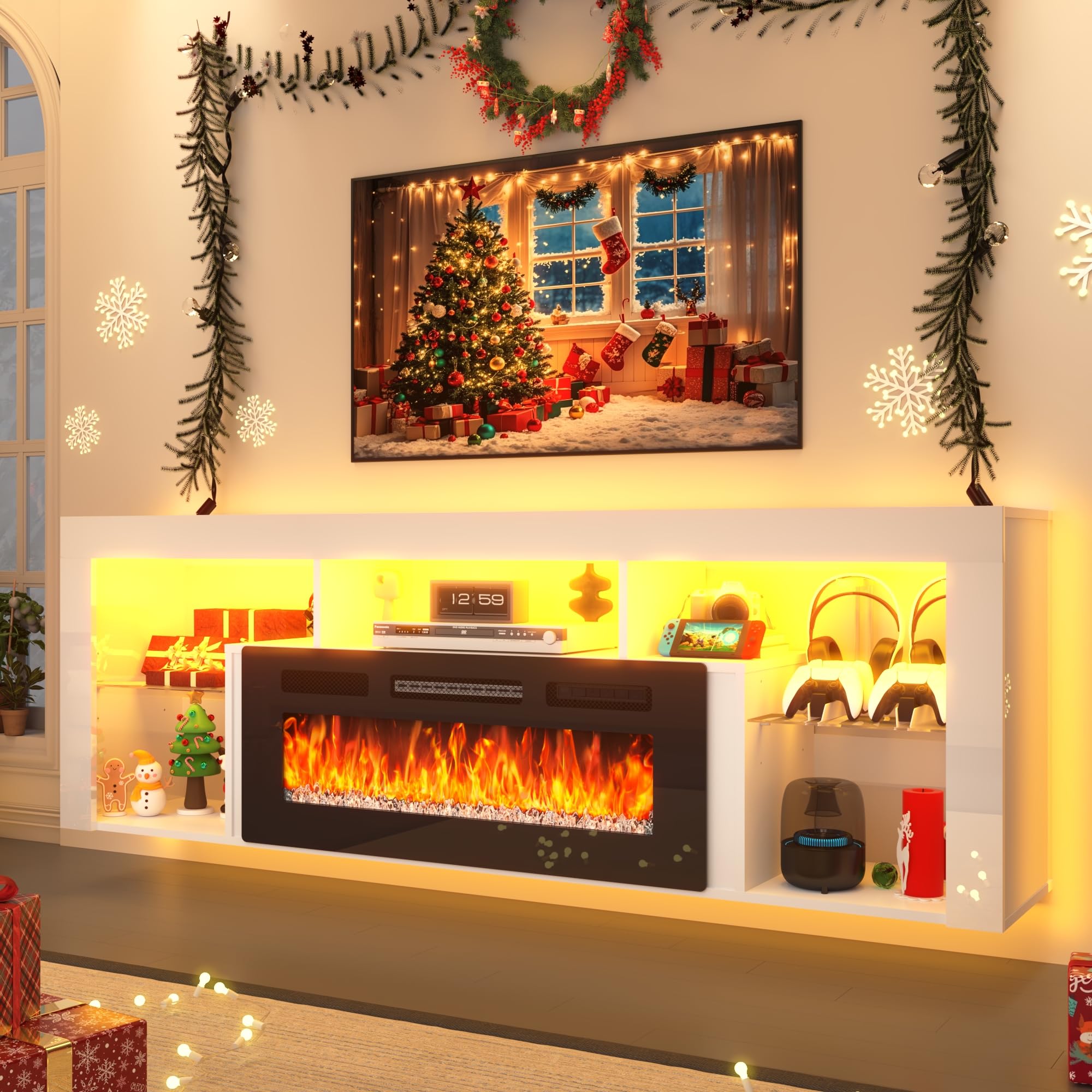 71'' Floating Fireplace TV Stand for 75/80''TV with 40'' Fireplace, LED Modern White High Gloss Entertainment Center w/lights, Power Outlet, Adjustable Shelf, 2-Tier TV Console Cabinet with Storage