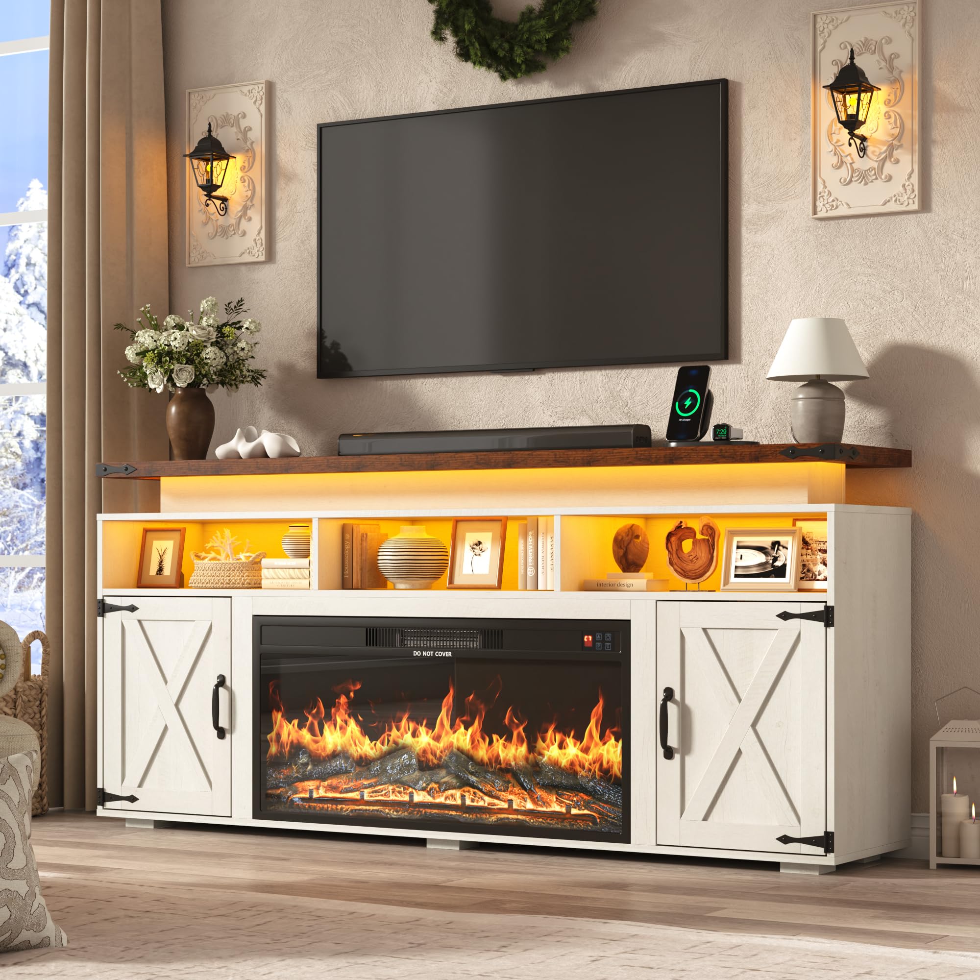 ChVans 70.8" Farmhouse Fireplace TV Stand for TVs up to 80" with 36" Electric Fireplace, 32" Tall Entertainment Center with Power Outlet/LED Lights, Media Console w/Sliding Barn Door for Living Room