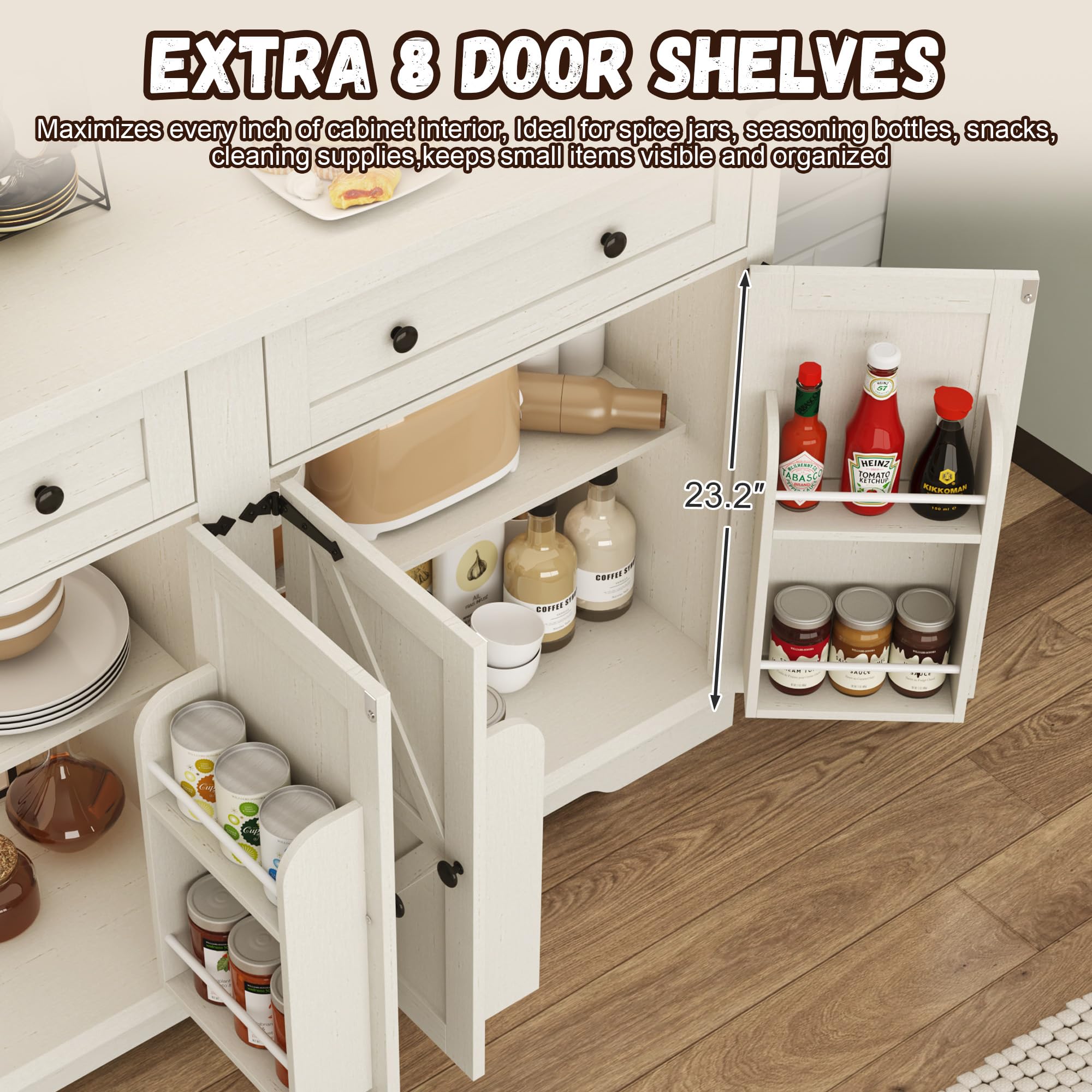 ANPOO 71" Tall Farmhouse Kitchen Pantry Cabinet with LED Light, Power Outlet & 4 Doors with Door-mounted Storage, Large Freestanding Storage Hutch with Open Countertop for Dining Room, Living Room