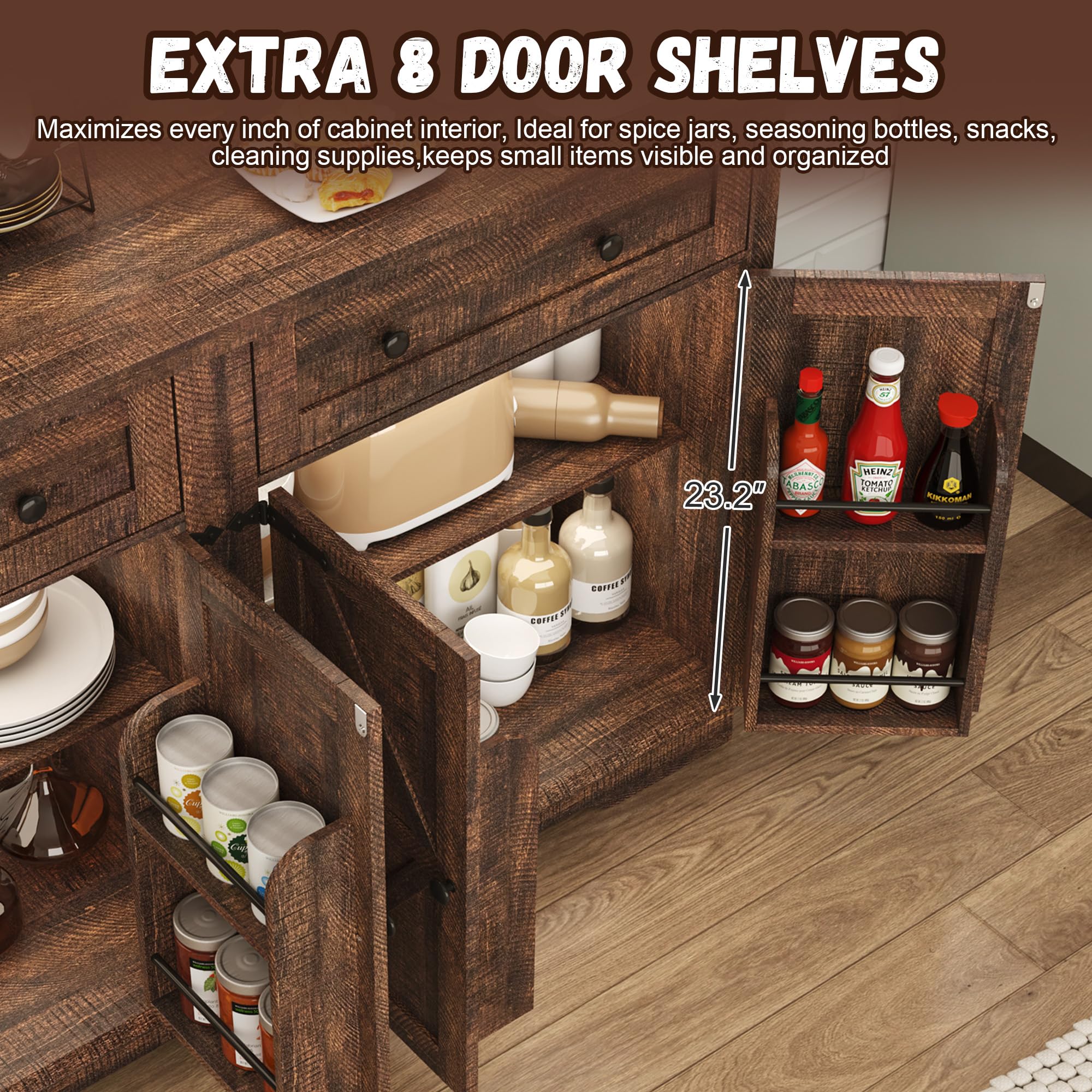 ANPOO 71" Tall Farmhouse Kitchen Pantry Cabinet with LED Light, Power Outlet & 4 Doors with Door-mounted Storage, Large Freestanding Storage Hutch with Open Countertop for Dining Room, Living Room