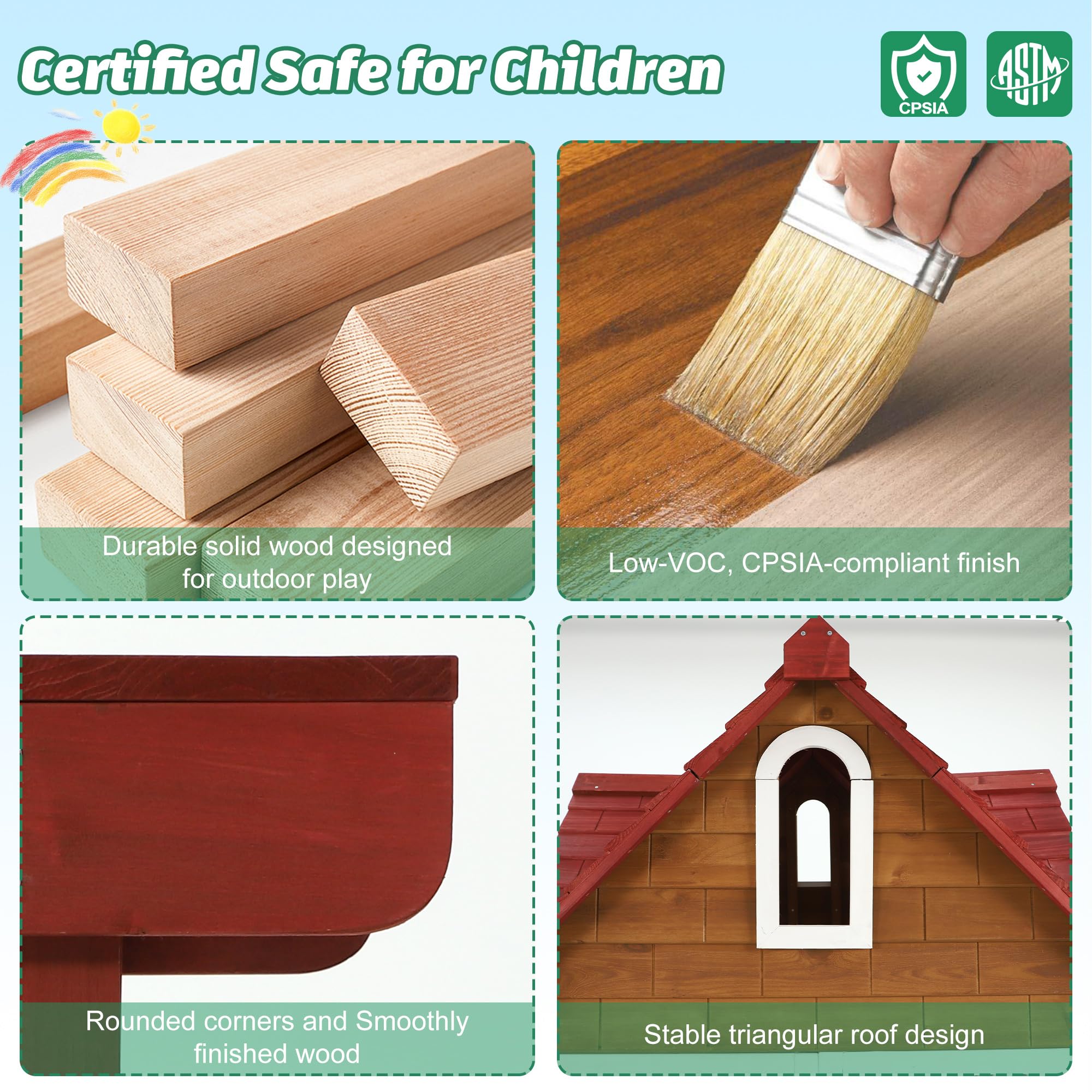 ANPOO Outdoor Wooden Kids Playhouse, Large Play House with Bench/Table/Kitchen/Flower Pot Holders/Toys, Outdoor Play Toy Gift for Ages 3+