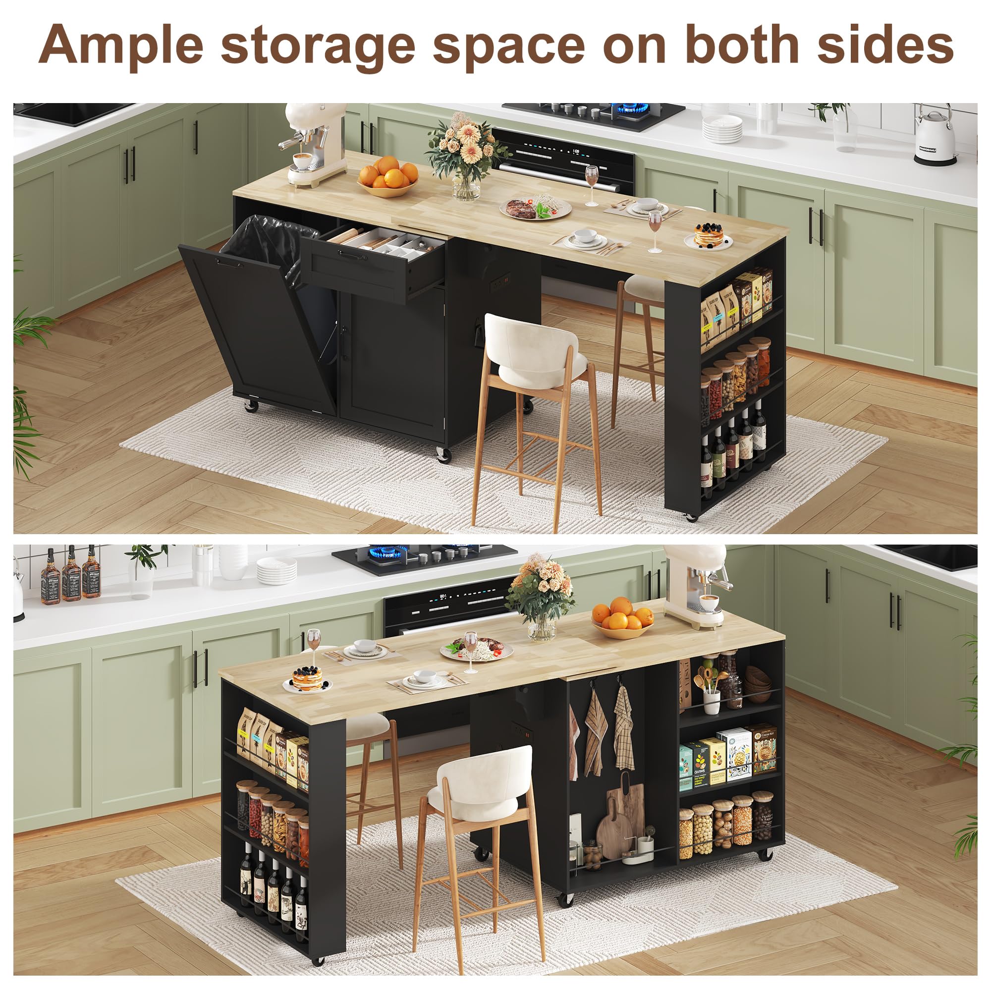 ANPOO 360° Rotating Rolling Kitchen Island Cart with Tilt-Out Trash Bin, Extendable Table, Spice Rack, Storage Cabinet & Drawer, Lockable Wheels, Modern Wooden Cart for Kitchens & Dining Rooms