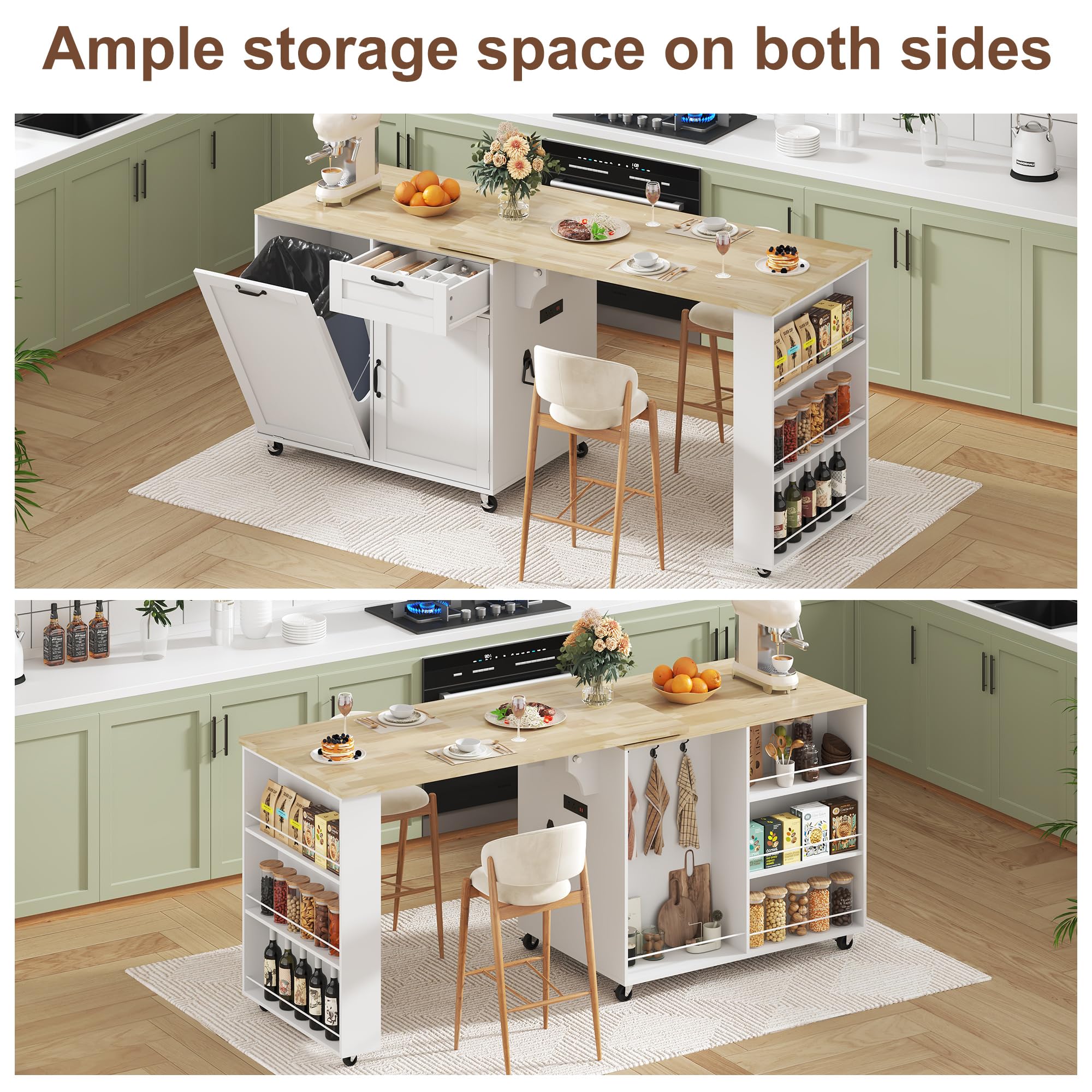 ANPOO 360° Rotating Rolling Kitchen Island Cart with Tilt-Out Trash Bin, Extendable Table, Spice Rack, Storage Cabinet & Drawer, Lockable Wheels, Modern Wooden Cart for Kitchens & Dining Rooms