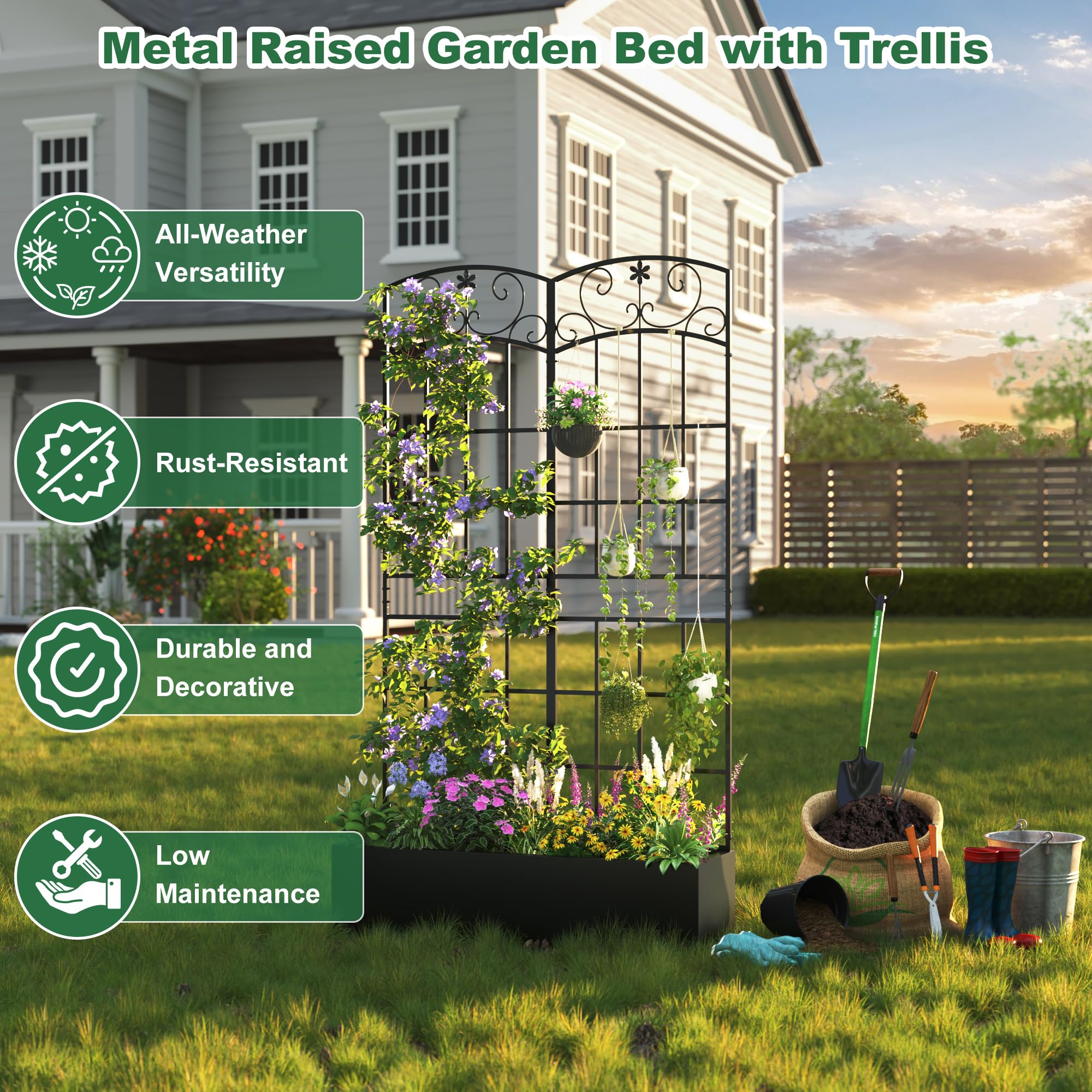 Coumy Metal Raised Garden Bed with Trellis, 70.9"x40.4"x11.8" Planter Box with Drainage Holes & Privacy Screen for Climbing Plants, Vegetables & Vines