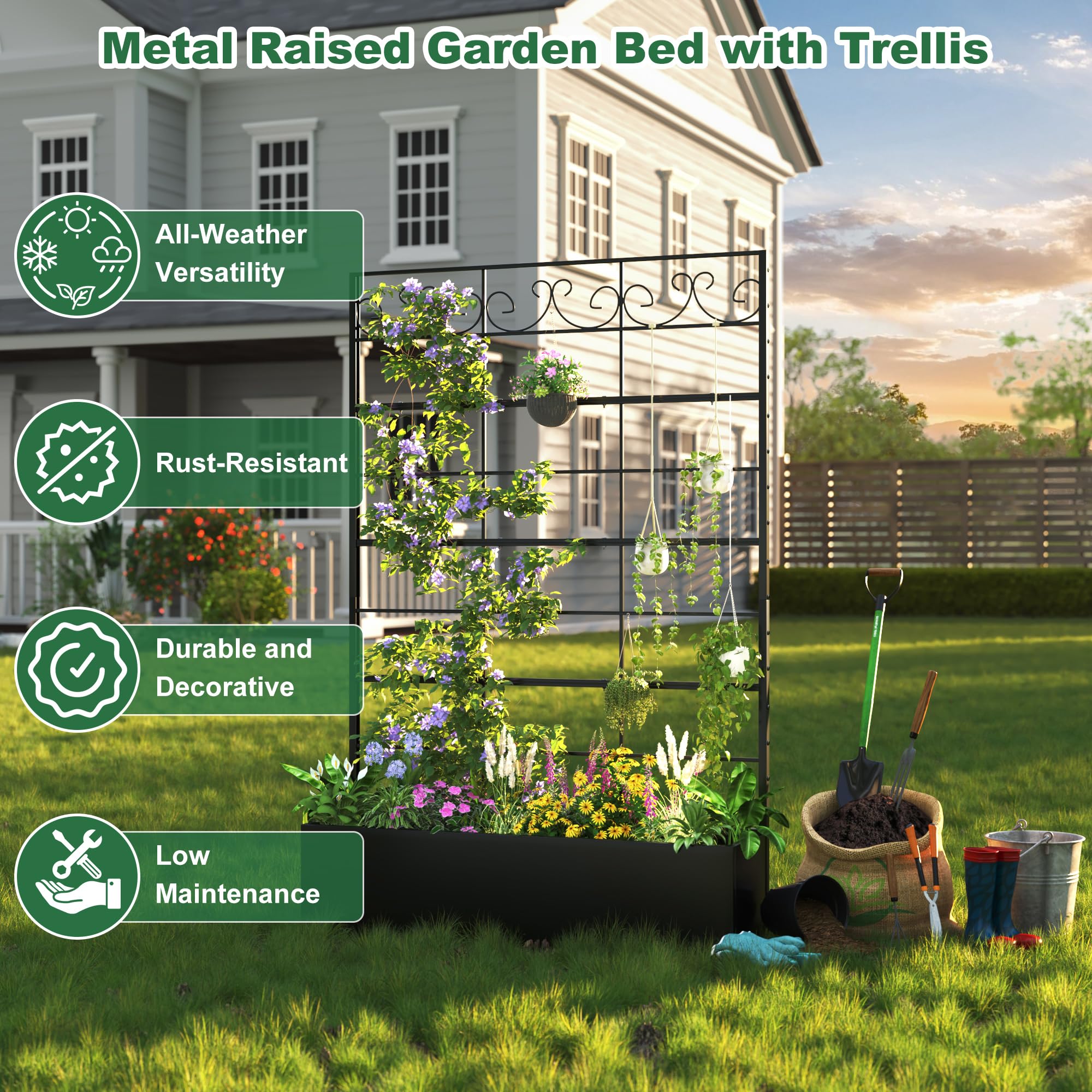 Coumy Metal Raised Garden Bed with Trellis, 70.9"x47.2"x12" Planter Box with Drainage Holes & Privacy Screen for Climbing Plants, Vegetables & Vines