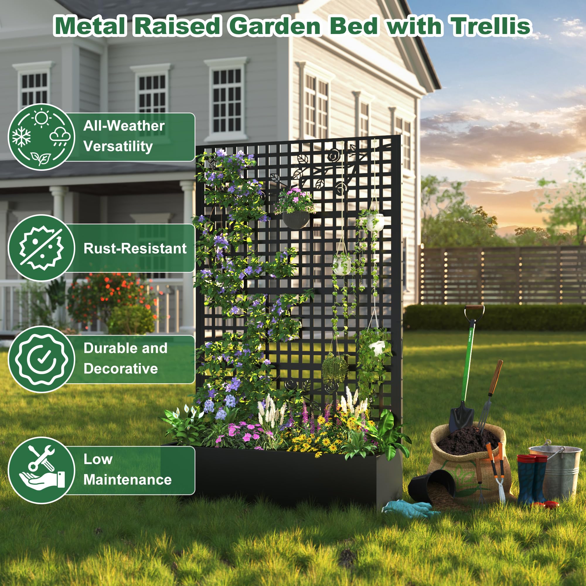 Coumy Metal Raised Garden Bed with Trellis, 70.9"x43.3"x15.8" Planter Box with Drainage Holes & Privacy Screen for Climbing Plants, Vegetables & Vines