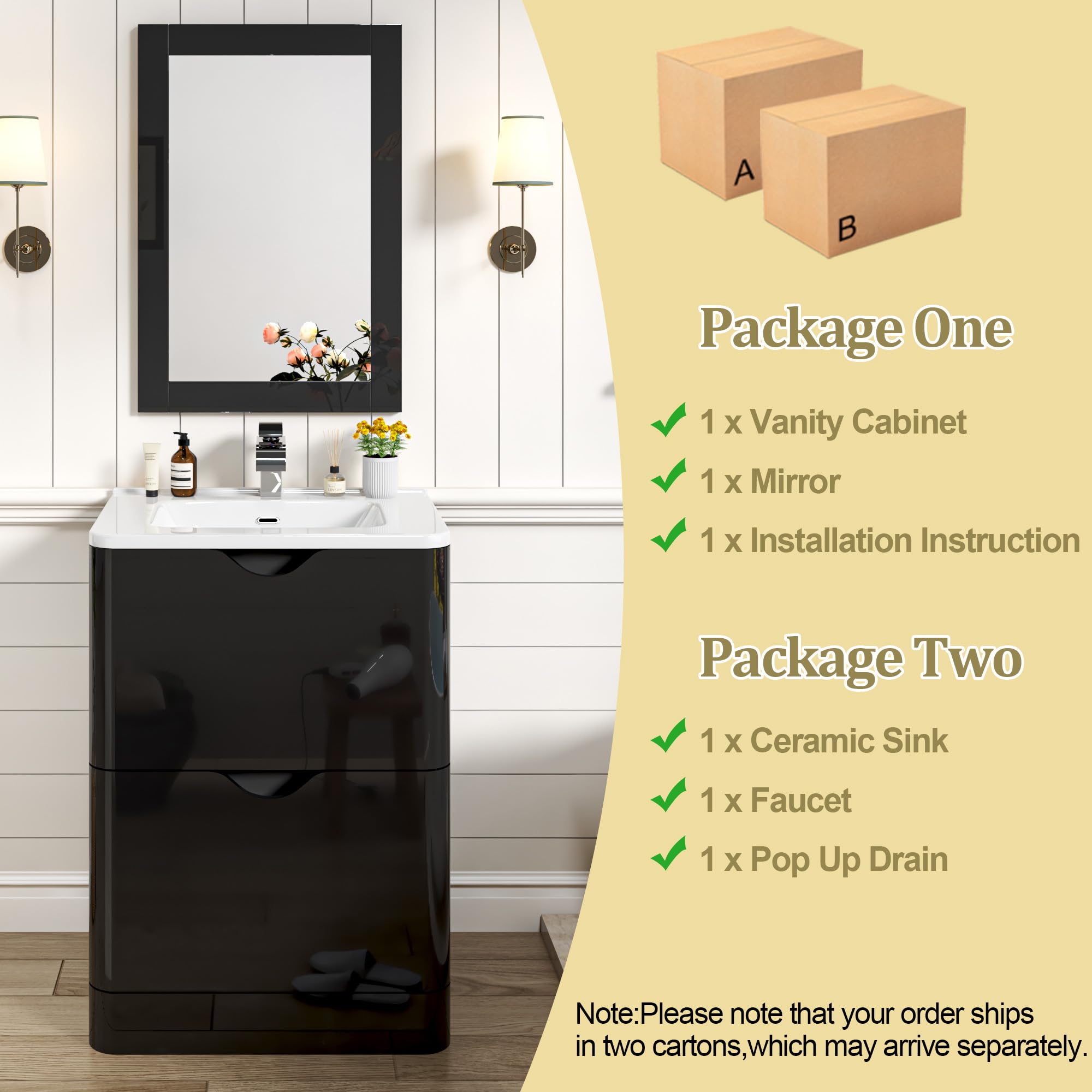 ANPOO 24 Inch High Gloss Bathroom Vanity with Sink, Mirror and Faucet, Freestanding Storage Cabinet with 2 Drawers, Modern Ceramic Sink Vanity Combo