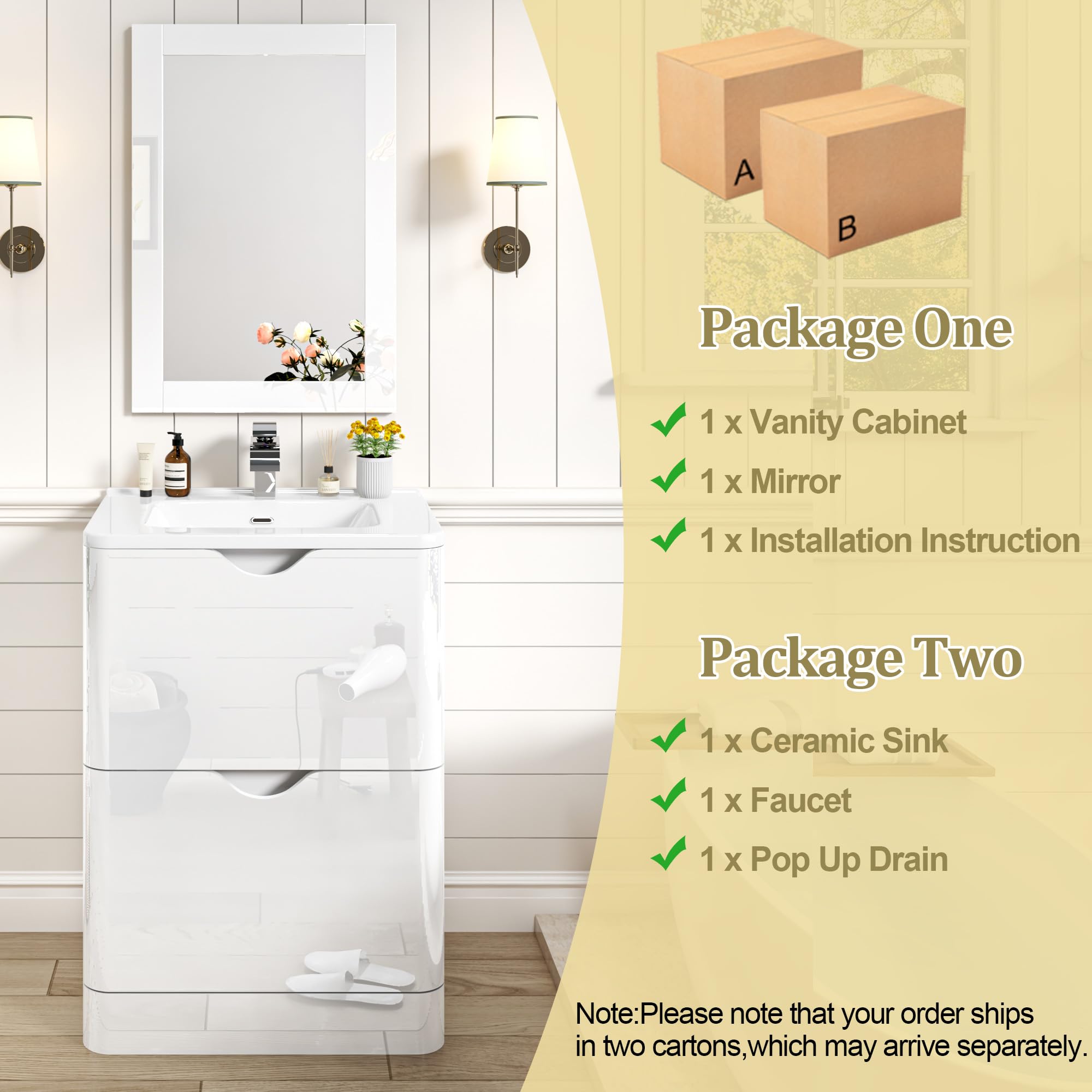 ANPOO 24 Inch High Gloss Bathroom Vanity with Sink, Mirror and Faucet, Freestanding Storage Cabinet with 2 Drawers, Modern Ceramic Sink Vanity Combo